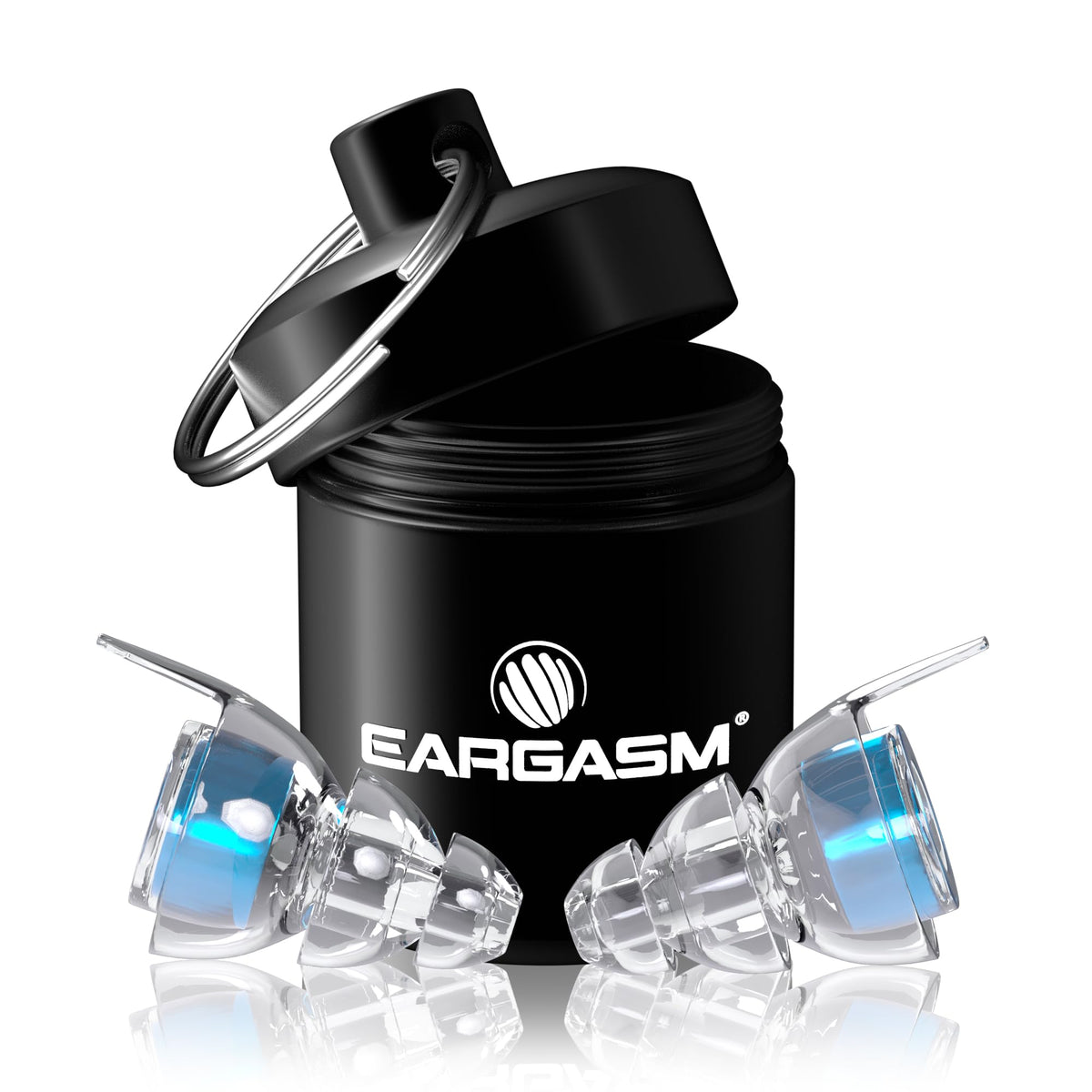 Eargasm paquete frontal azul que muestra diseño y protección auditiva