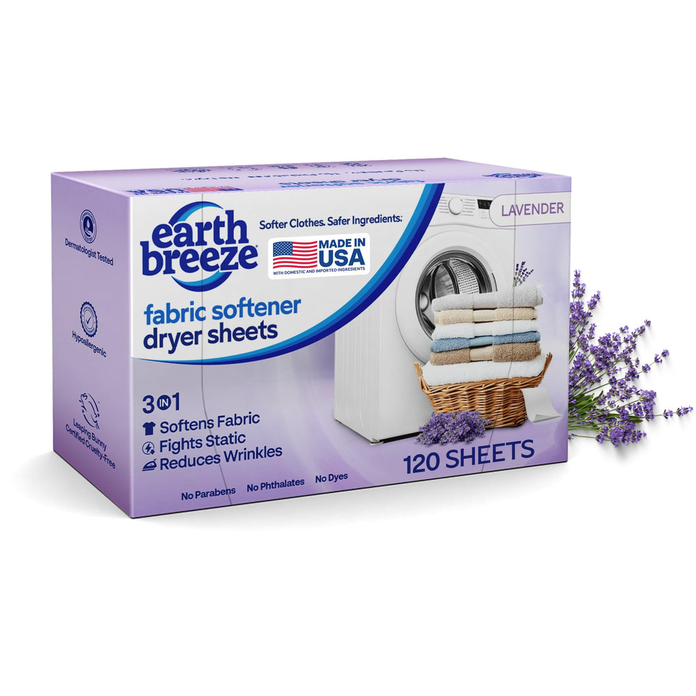 Earth Breeze paquete frontal lavanda mostrando diseño y beneficio aroma duradero