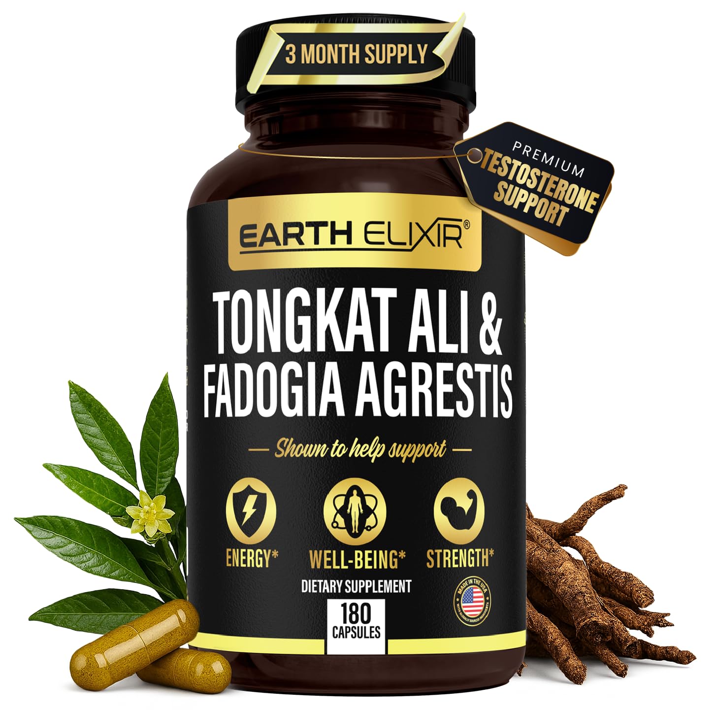 Earth Elixir vista frontal del empaque mostrando dosis y beneficio