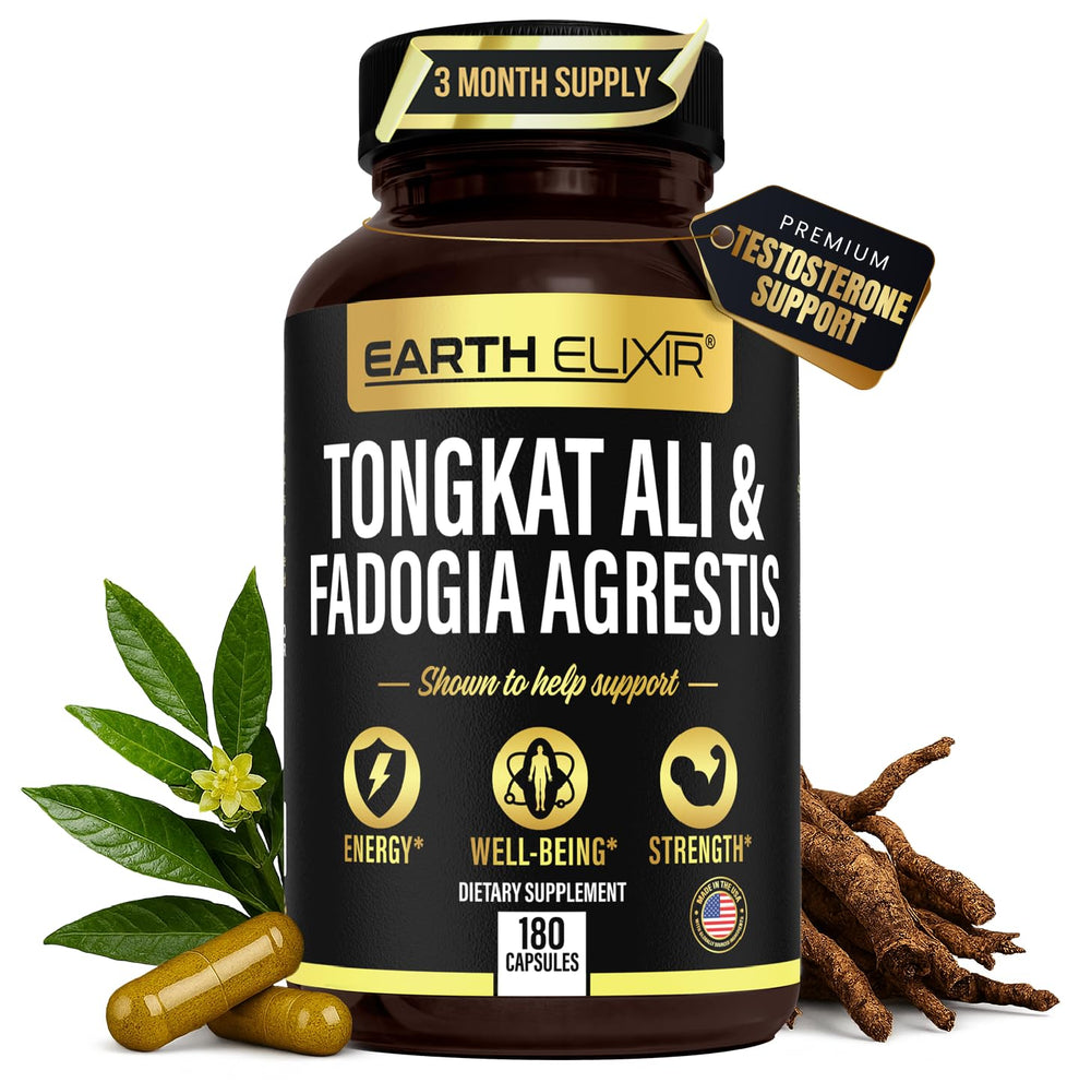 Earth Elixir vista frontal del empaque mostrando dosis y beneficio