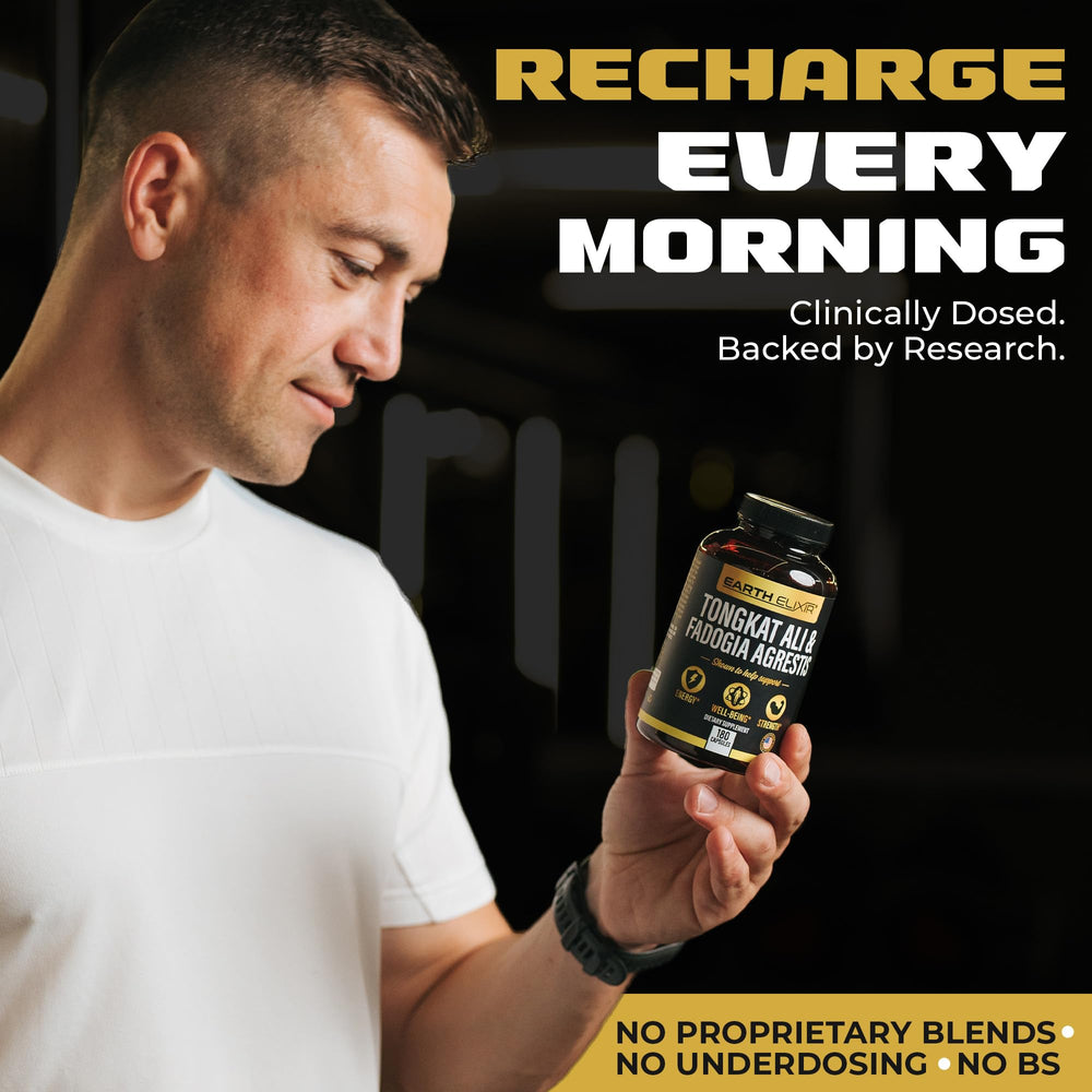 Earth Elixir raíz de fadogia y tongkat ali representando origen natural