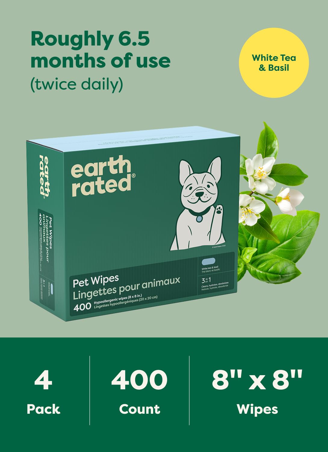 Earth Rated toallitas junto a una mano para mostrar tamaño y escala práctica