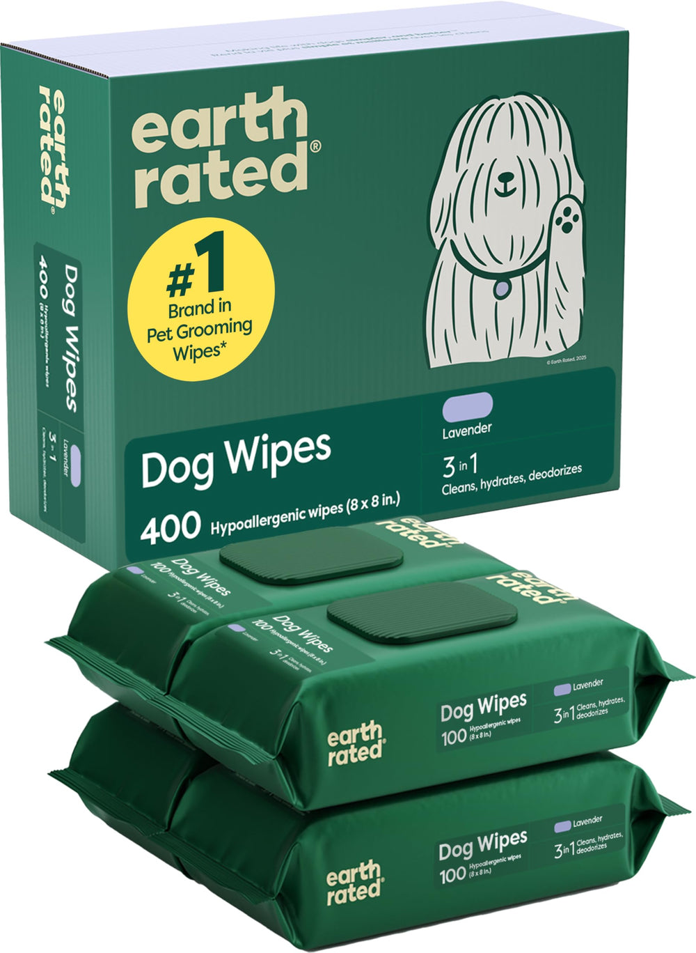 Earth Rated frente del paquete mostrando 400 toallitas y conveniencia