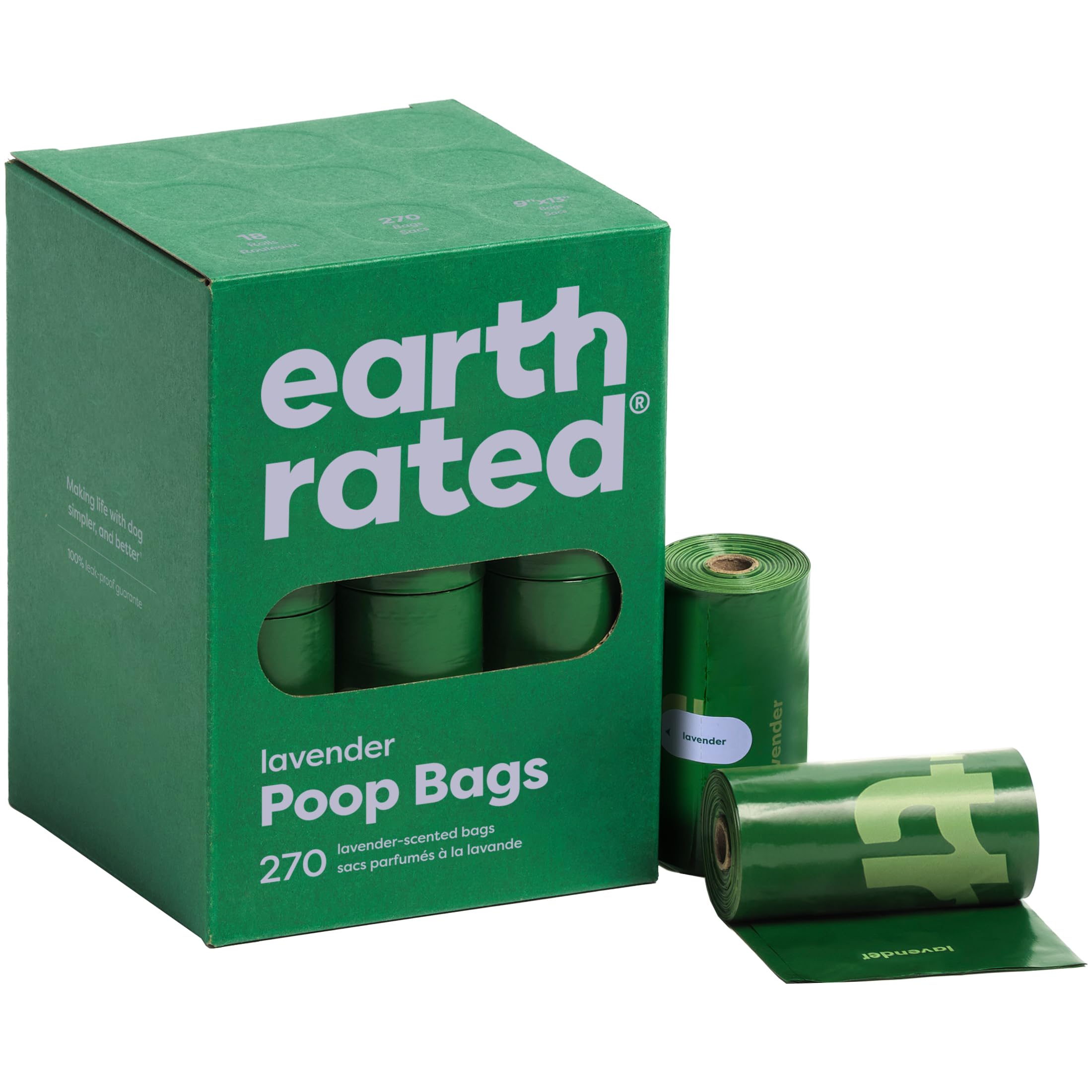 Earth Rated rollo frontal mostrando etiqueta lavanda y cantidad 270 para fácil identificación
