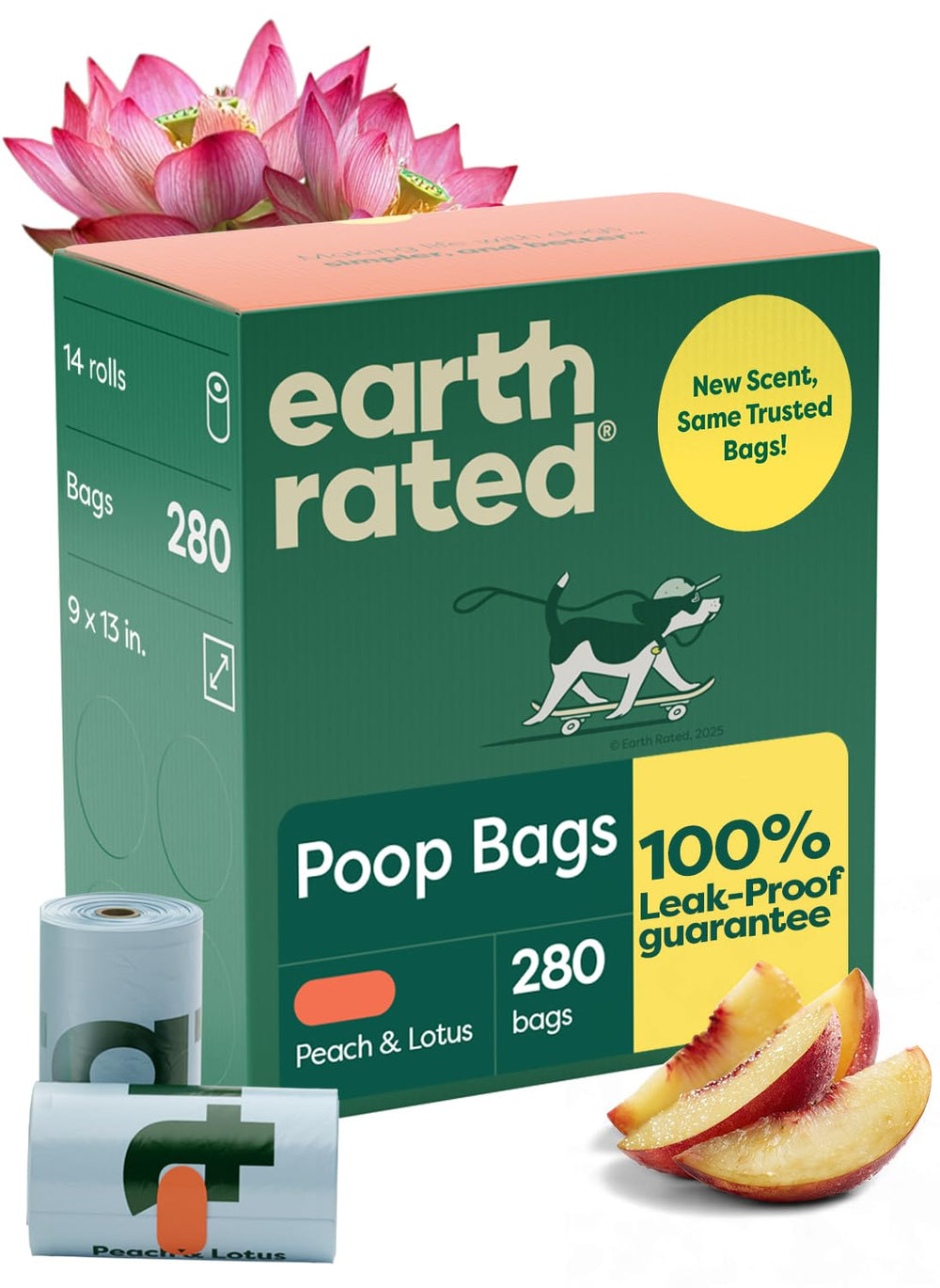 Earth Rated empaque frontal peach & lotus mostrando 280 bolsas, conveniencia inmediata