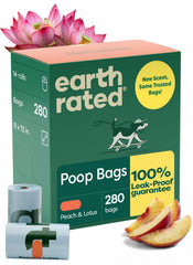 Earth Rated empaque frontal peach & lotus mostrando 280 bolsas, conveniencia inmediata