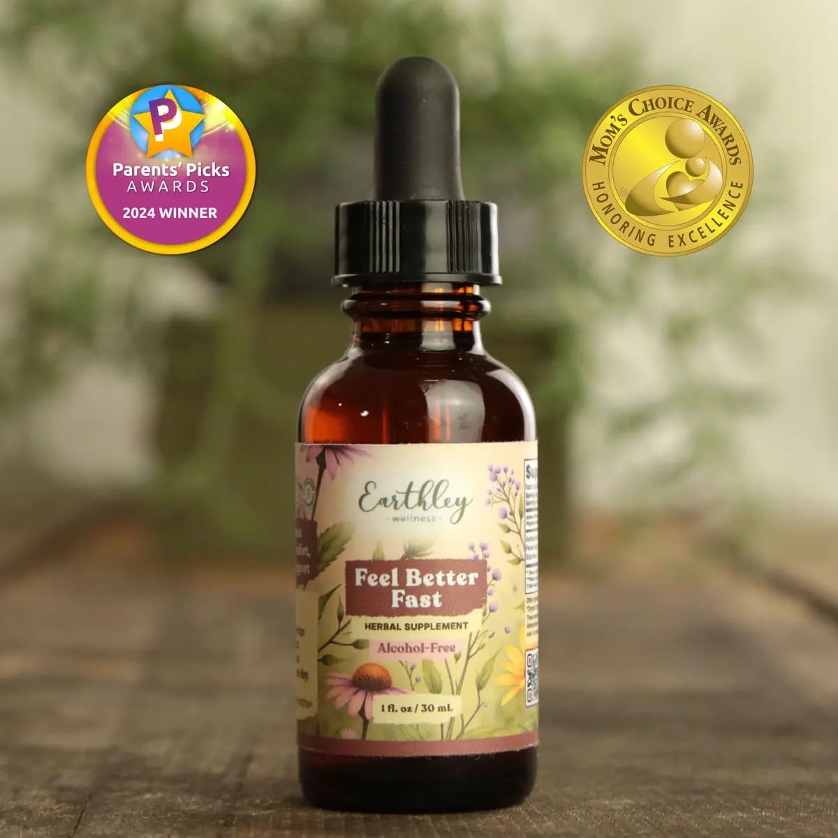 Earthley Wellness botella en cocina durante uso familiar y administración segura