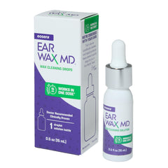 Earwax MD frasco frontal visible, envase claro facilita almacenamiento seguro