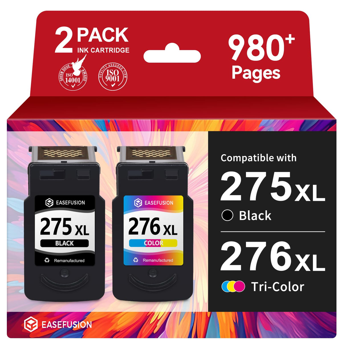 EaseFusion pack frontal mostrando cartuchos 275XL y 276XL y beneficios de ahorro