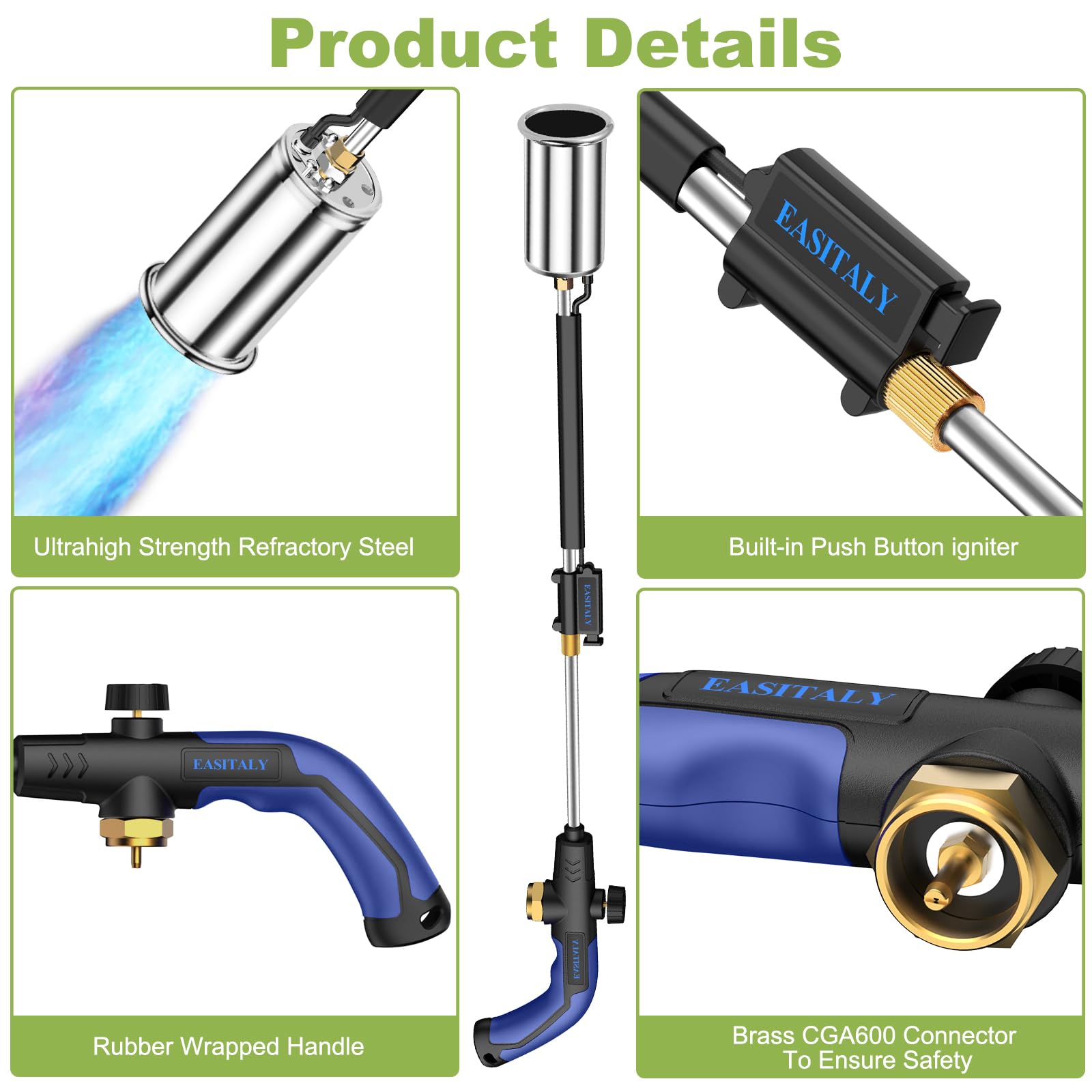 EASITALY torch beside a hand to show 30-inch handle scale for safer reach