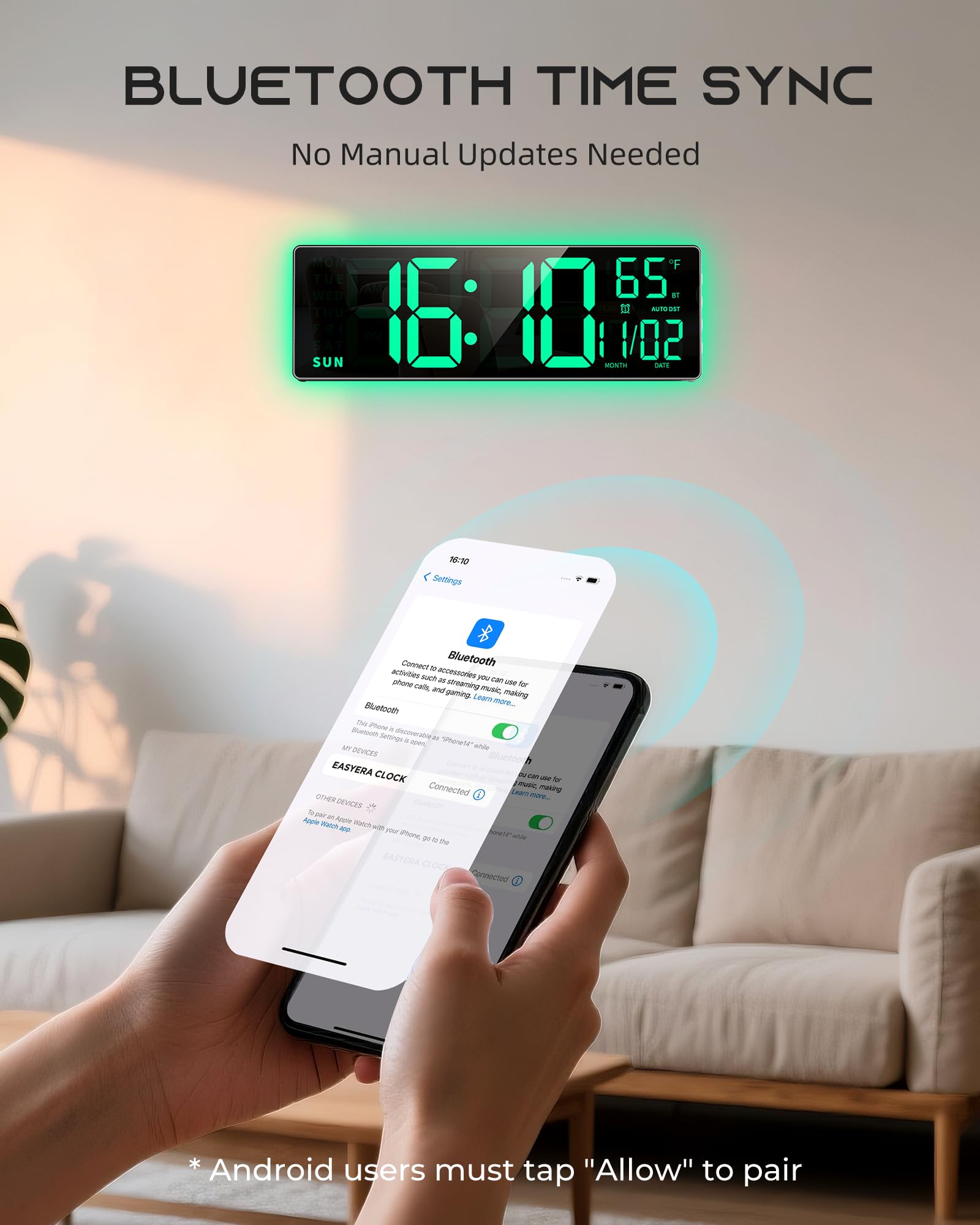 EASYERA reloj iluminado en azul RGB creando ambiente relajante en habitación