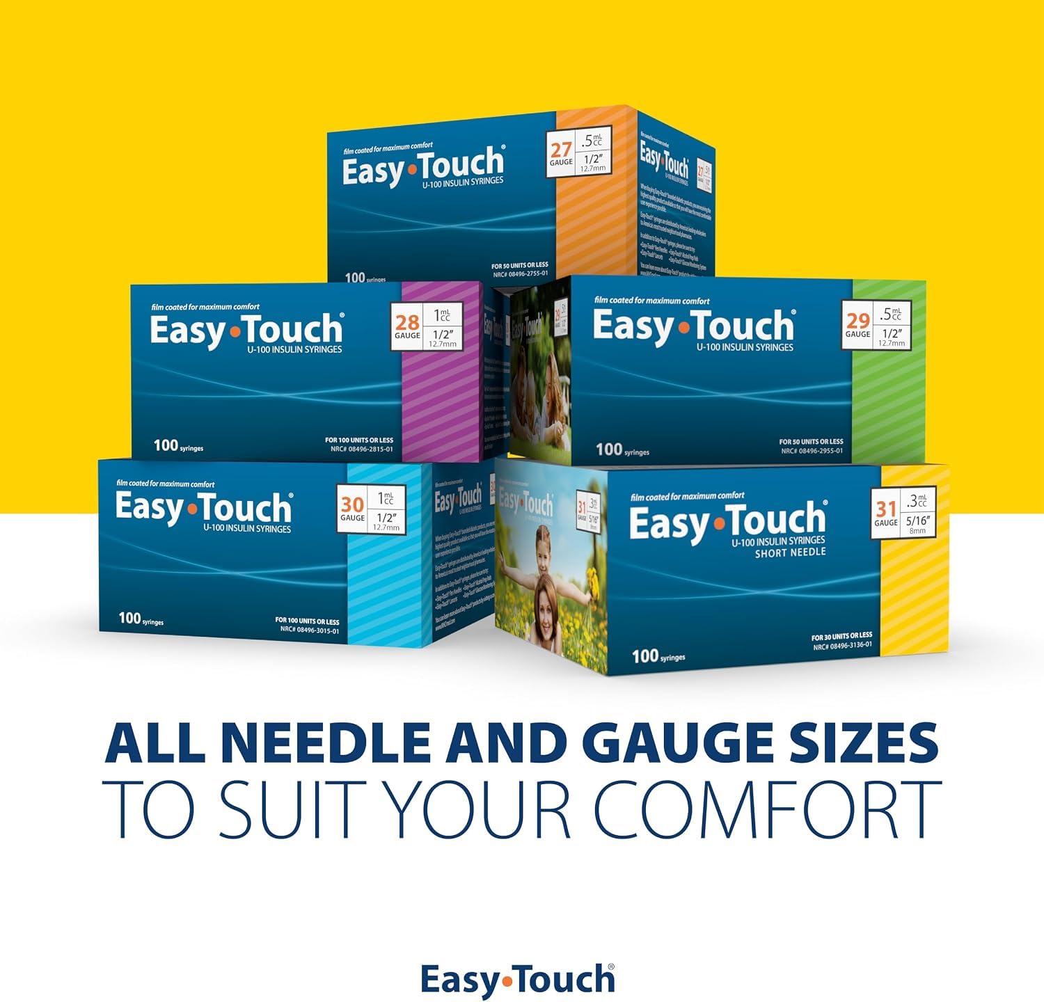 EasyTouch caja abierta mostrando 100 jeringas para reposición eficiente