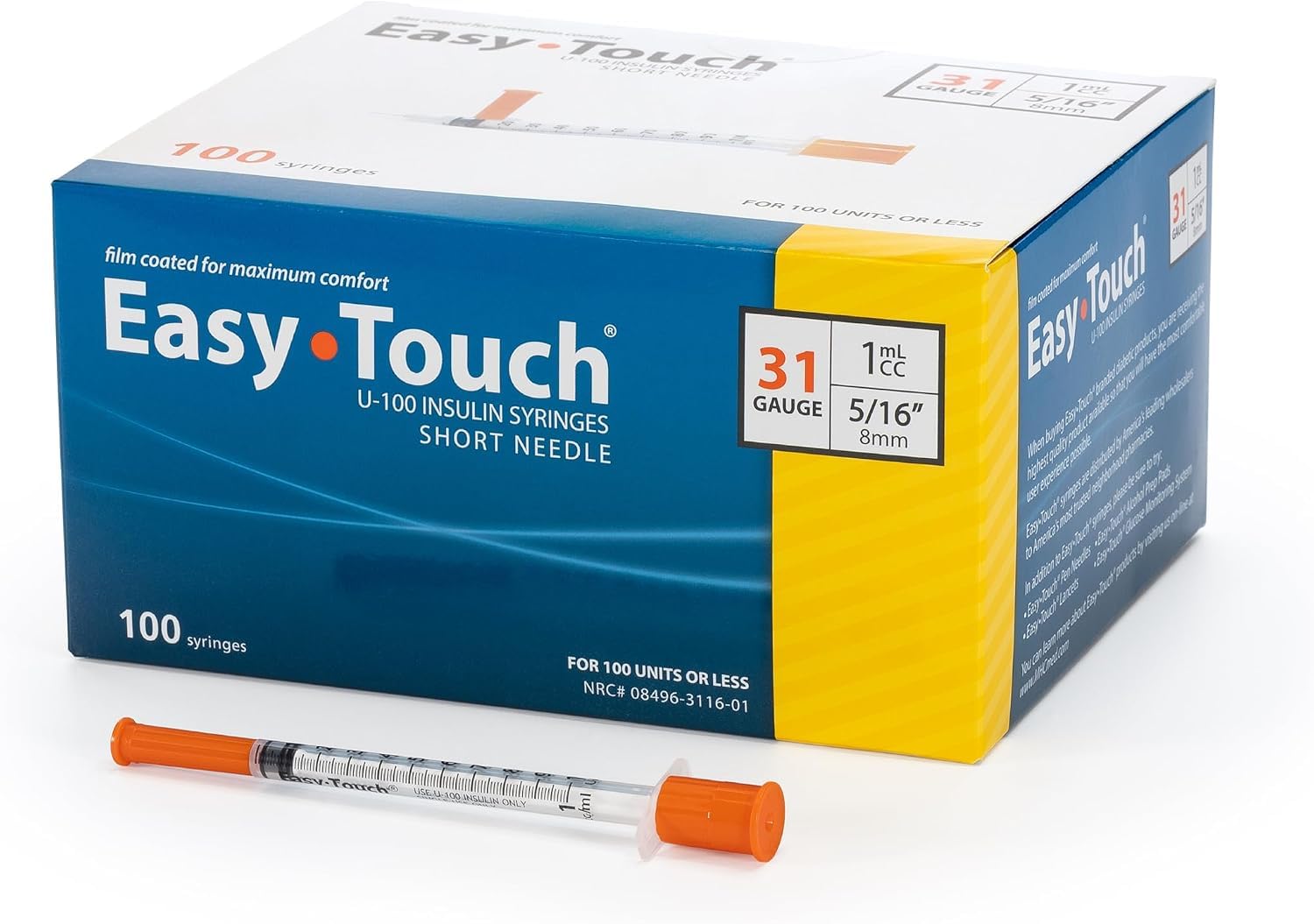 EasyTouch frente del empaque con caja de 100, visibilidad y almacenamiento seguro