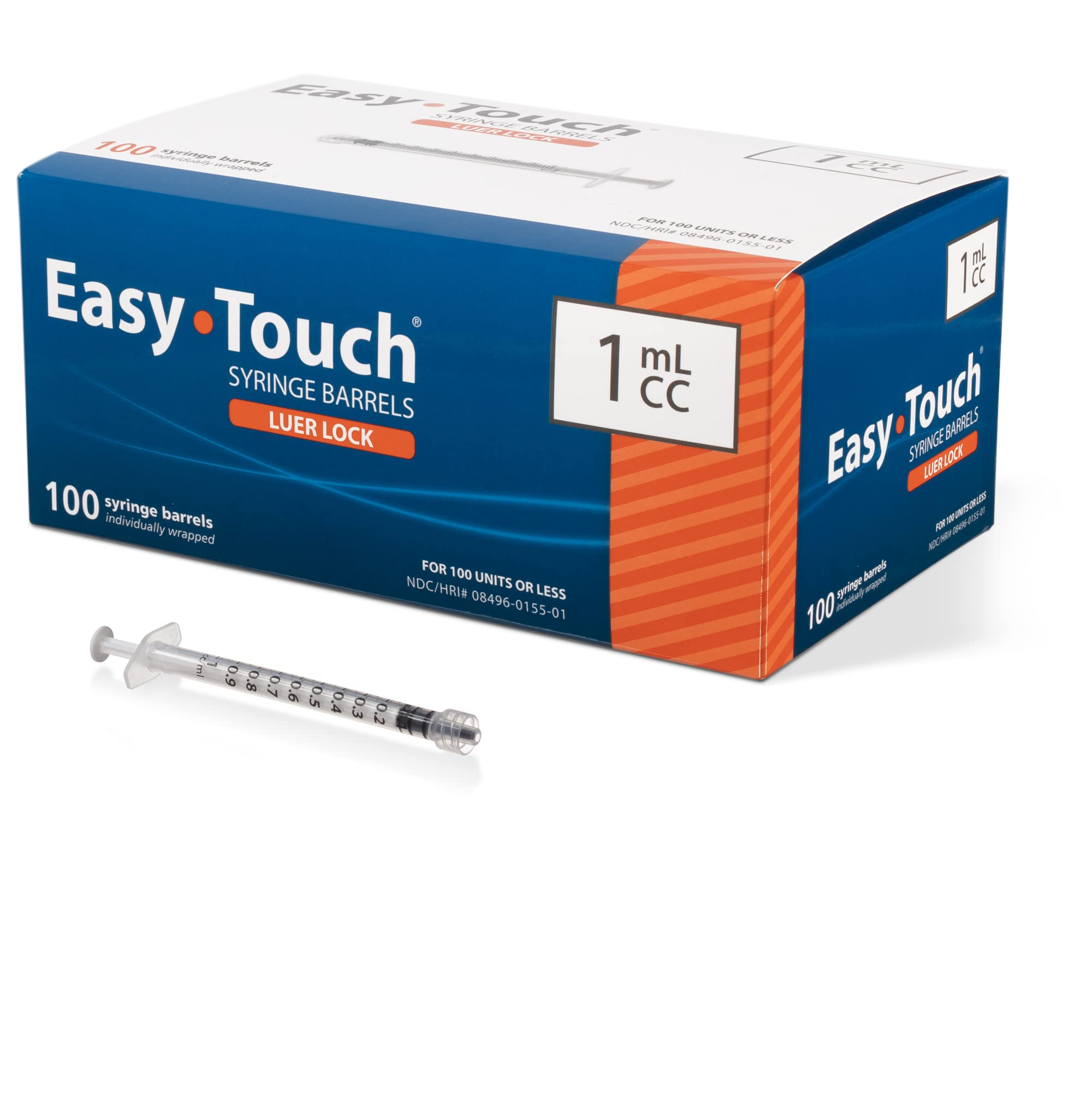 Easy Touch front packaging showing pack of 100 syringes and benefits