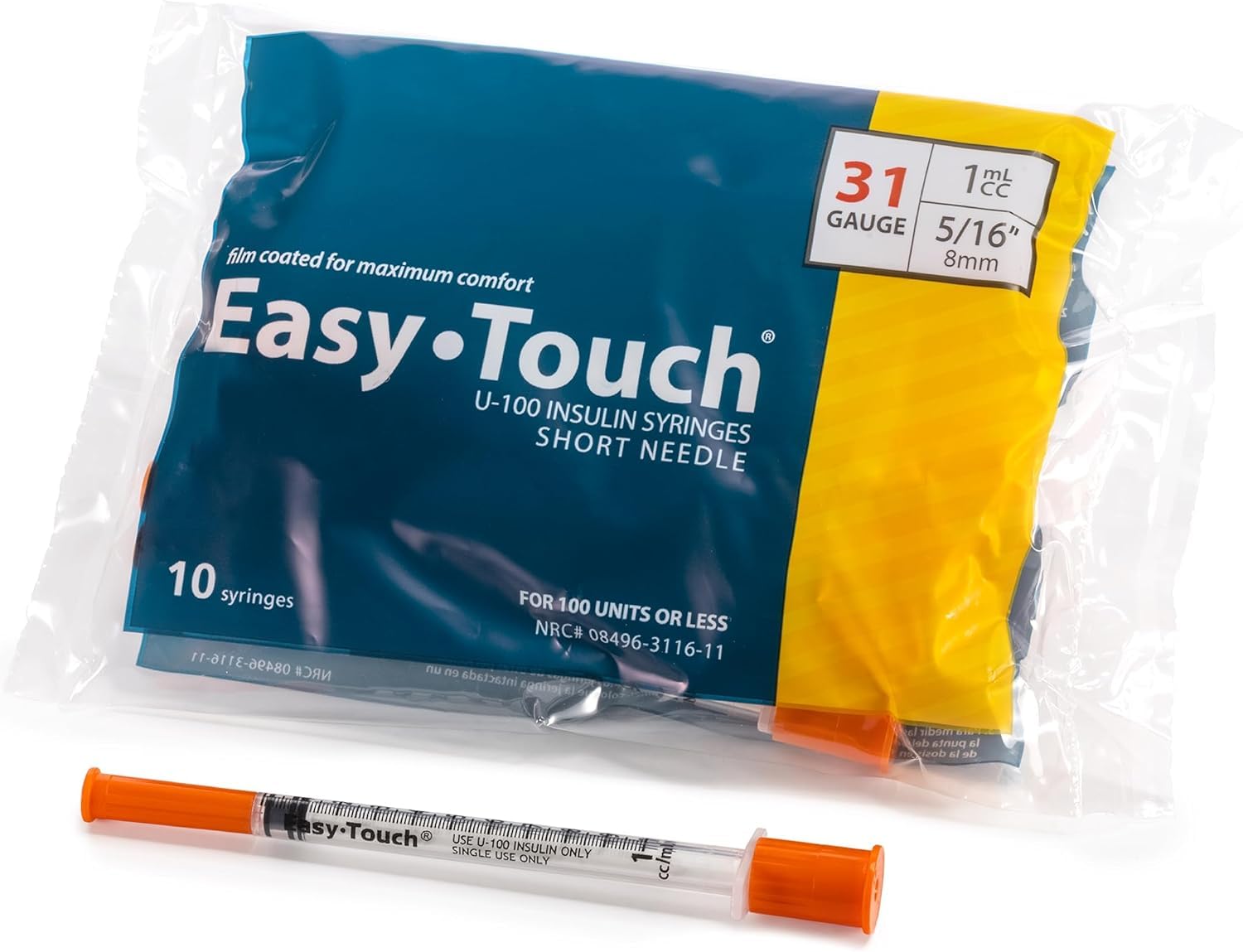 EasyTouch jeringa con aguja 31G mostrando la punta tri-bevel y precisión