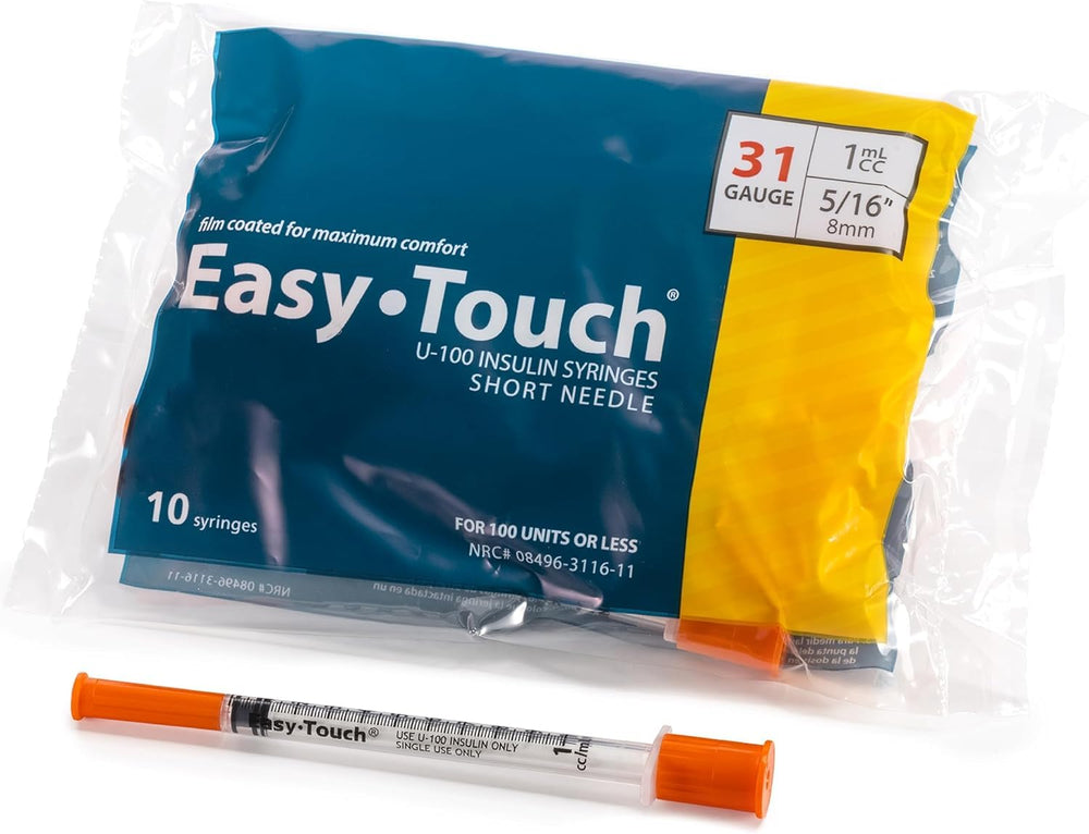 EasyTouch jeringa con aguja 31G mostrando la punta tri-bevel y precisión