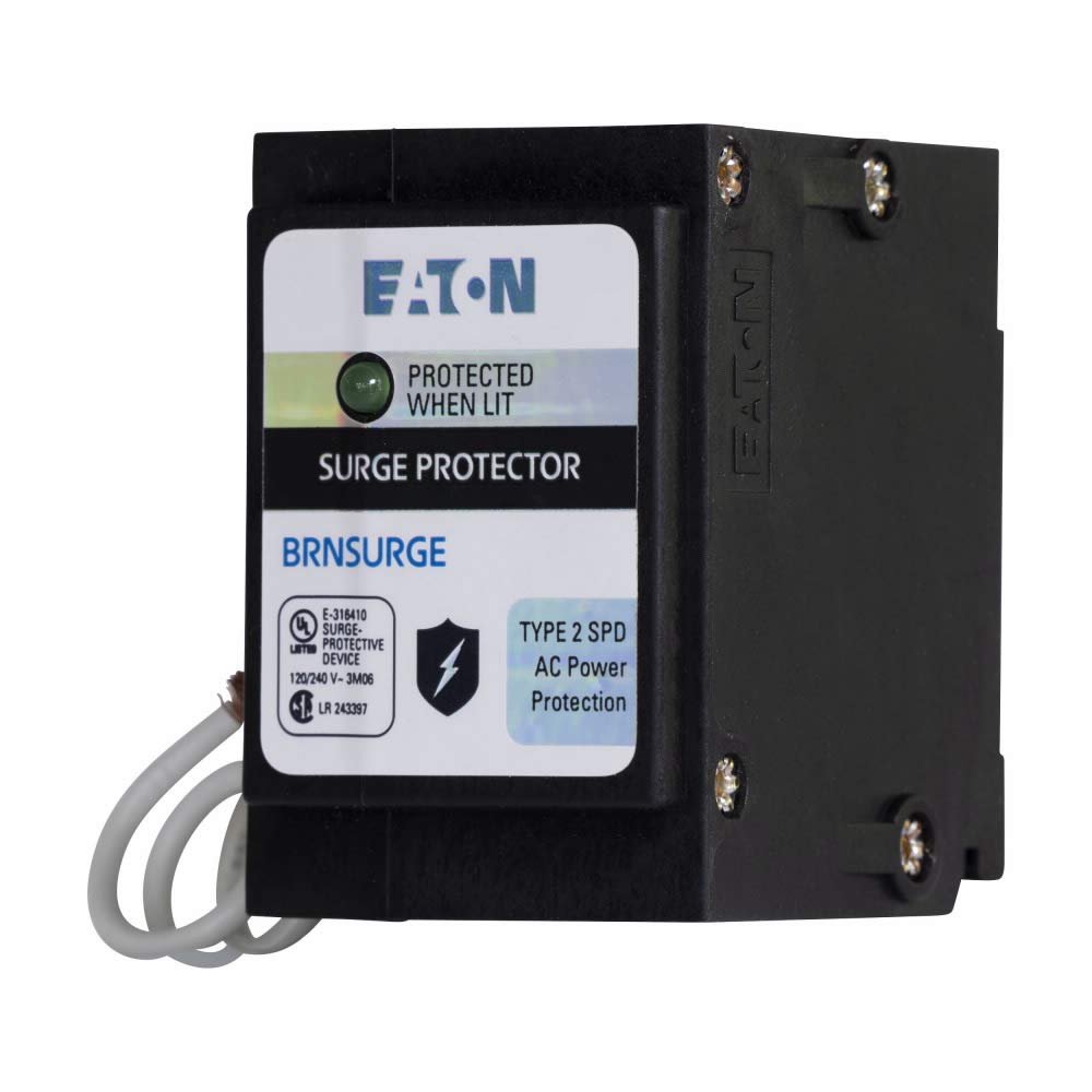 Eaton BRNSURGE etiqueta y dimensiones para identificar capacidad y compatibilidad
