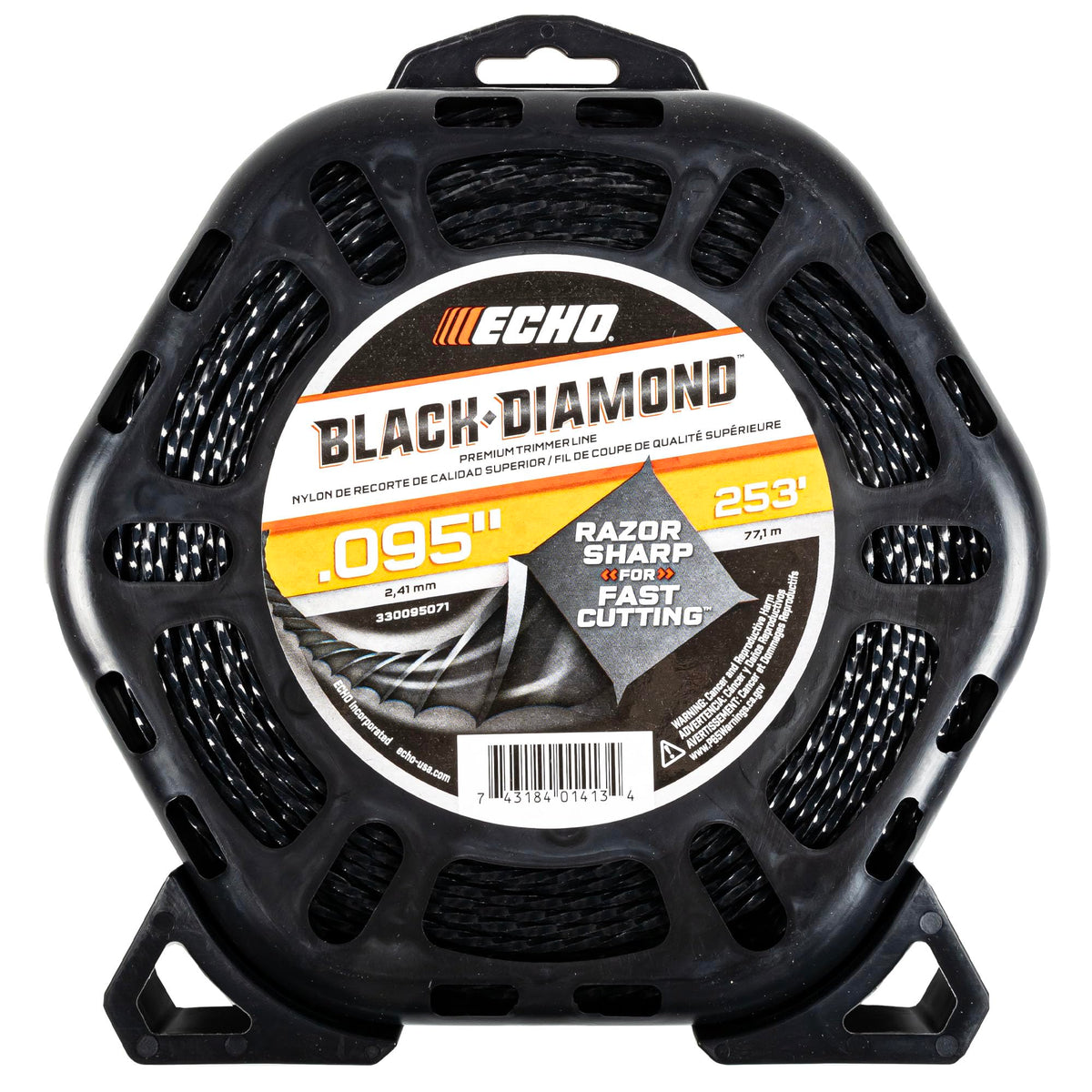 ECHO front spool showing 253 ft line and clear labeling for quick identification and stocking