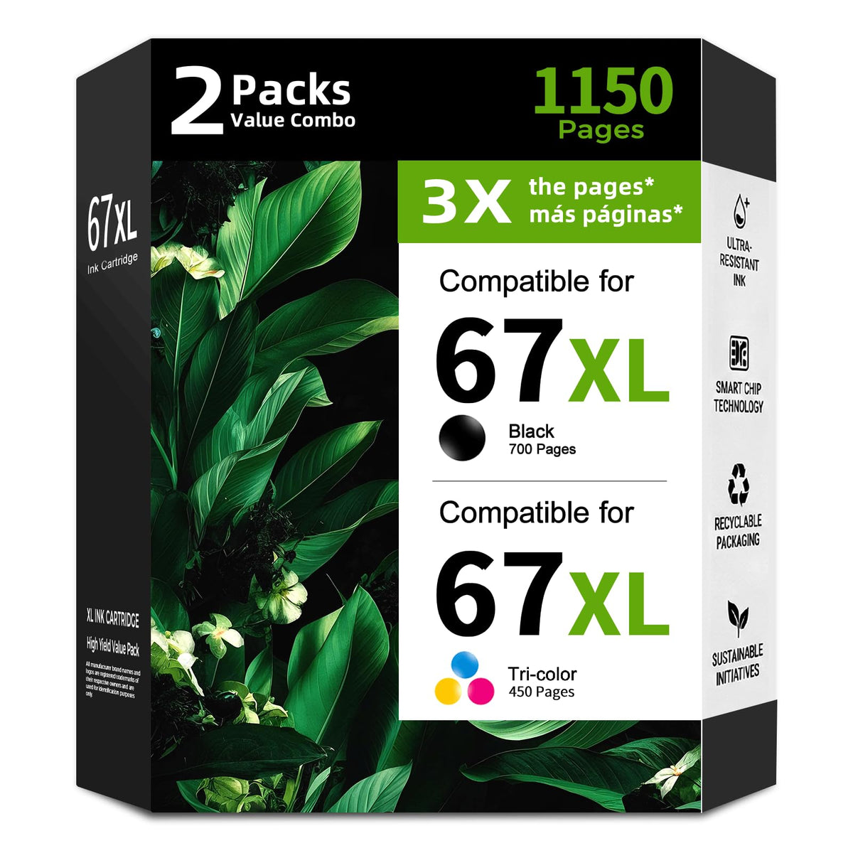 Eco Victor pack frontal 67XL mostrando cartuchos negros y tricolor para reemplazo confiable