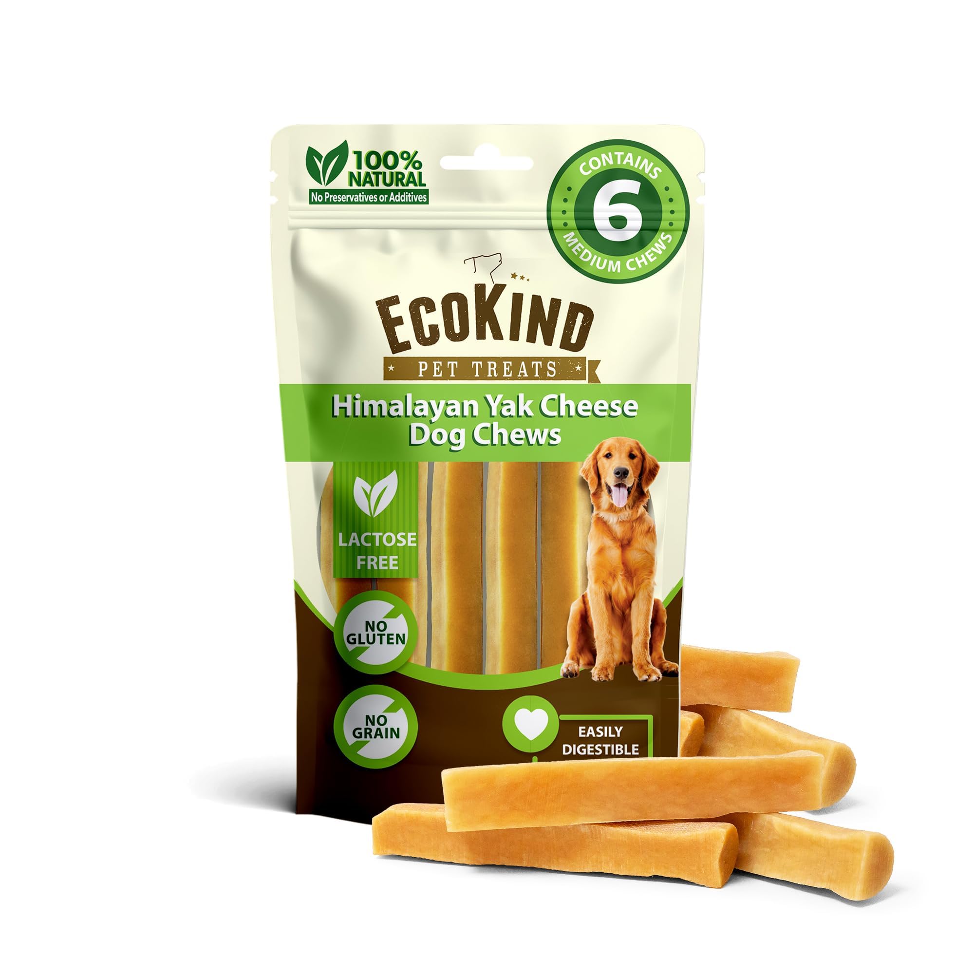 EcoKind Yak Cheese frente del empaque mostrando 6 huesos, claro y atractivo