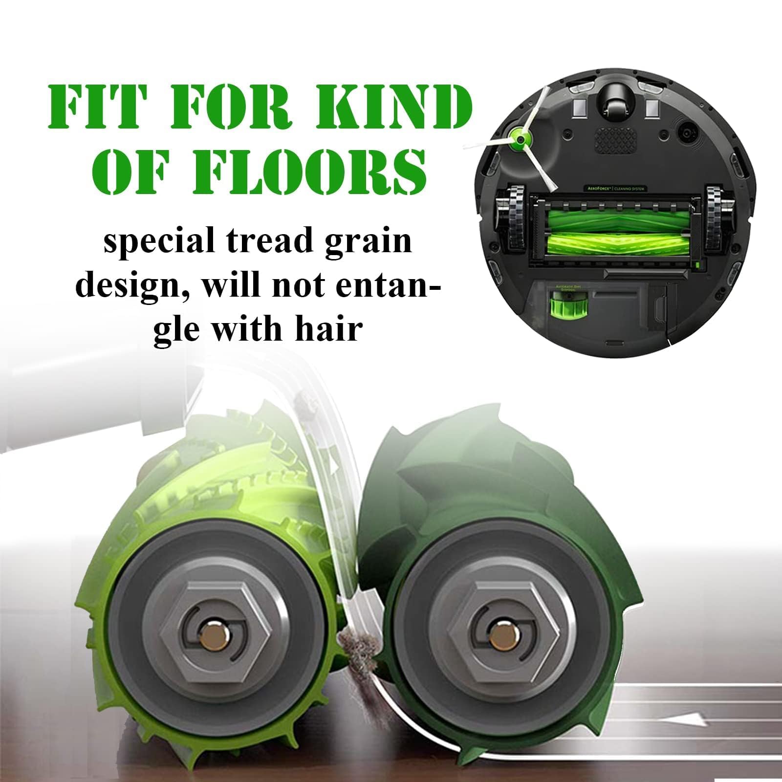 ECOMAID rodillos instalados en Roomba en uso mejorando recogida de pelo y polvo