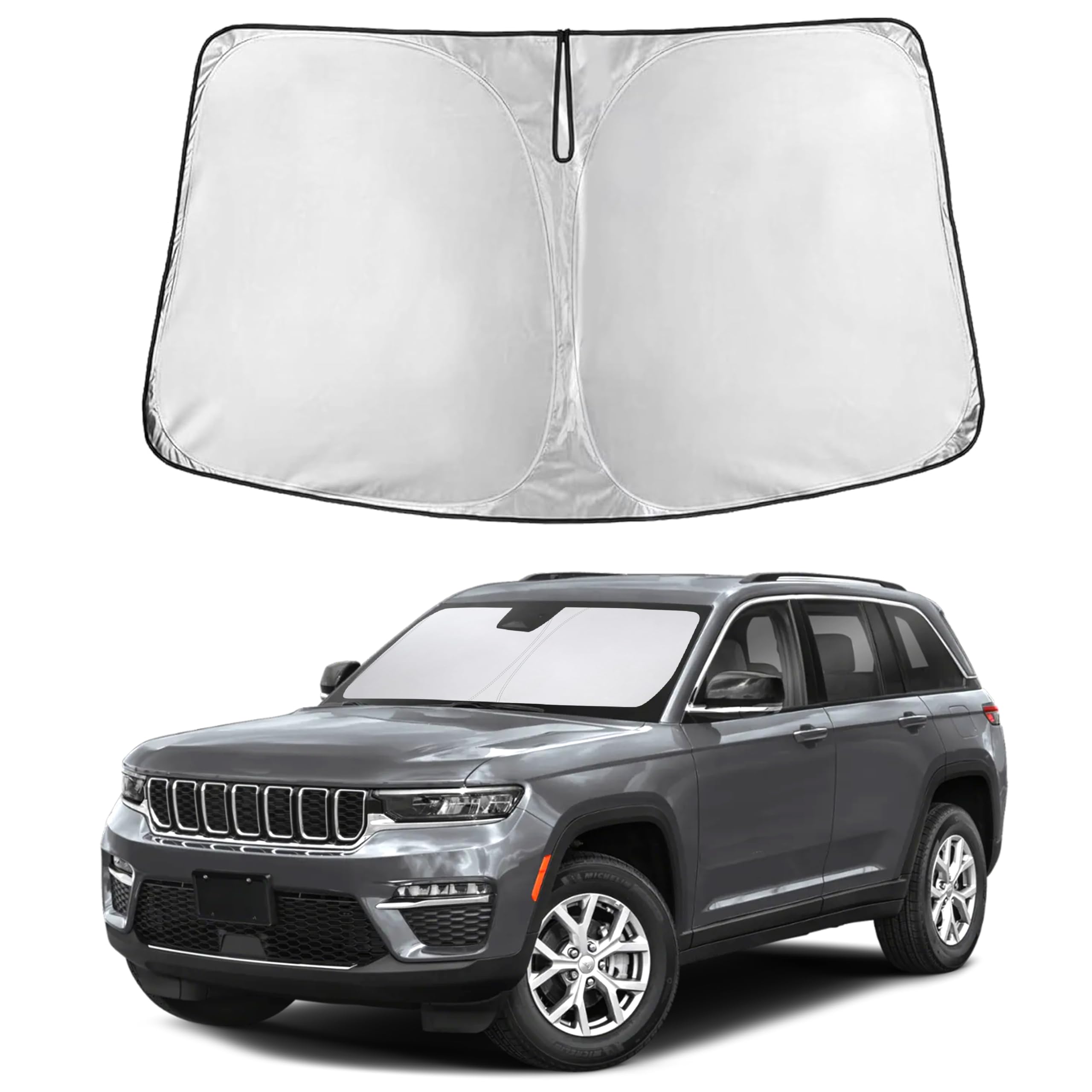 EcoNour front view of sunshade on Jeep Grand Cherokee windshield showing full coverage and protection
