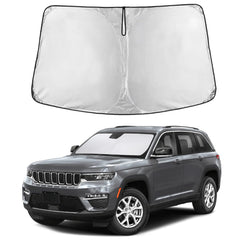 EcoNour front view of sunshade on Jeep Grand Cherokee windshield showing full coverage and protection