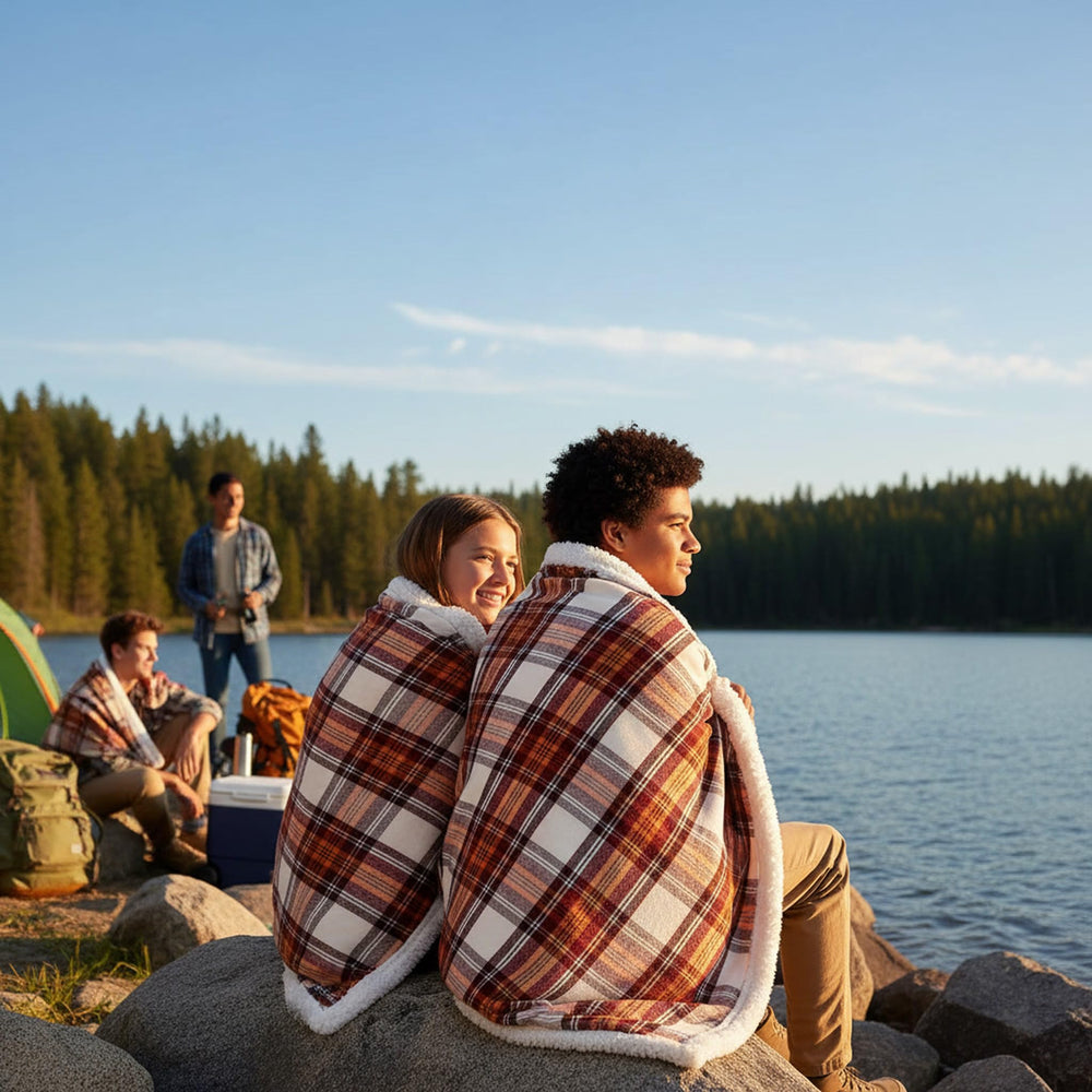 Eddie Bauer manta colocada en cabaña rústica, aporta estilo lodge y confort
