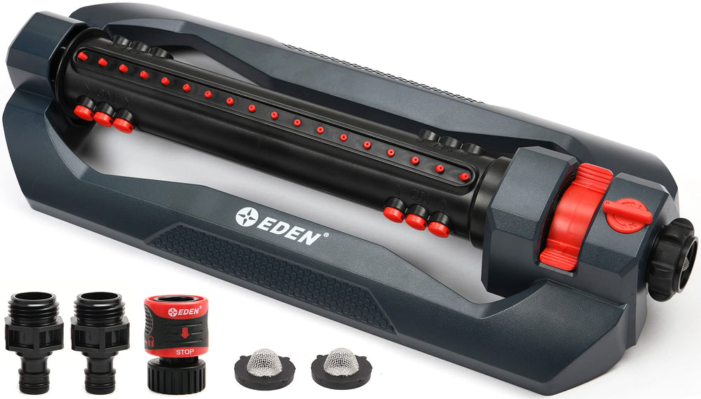 Eden turbo oscillating sprinkler front view showing nozzle bar and sturdy frame for reliable watering