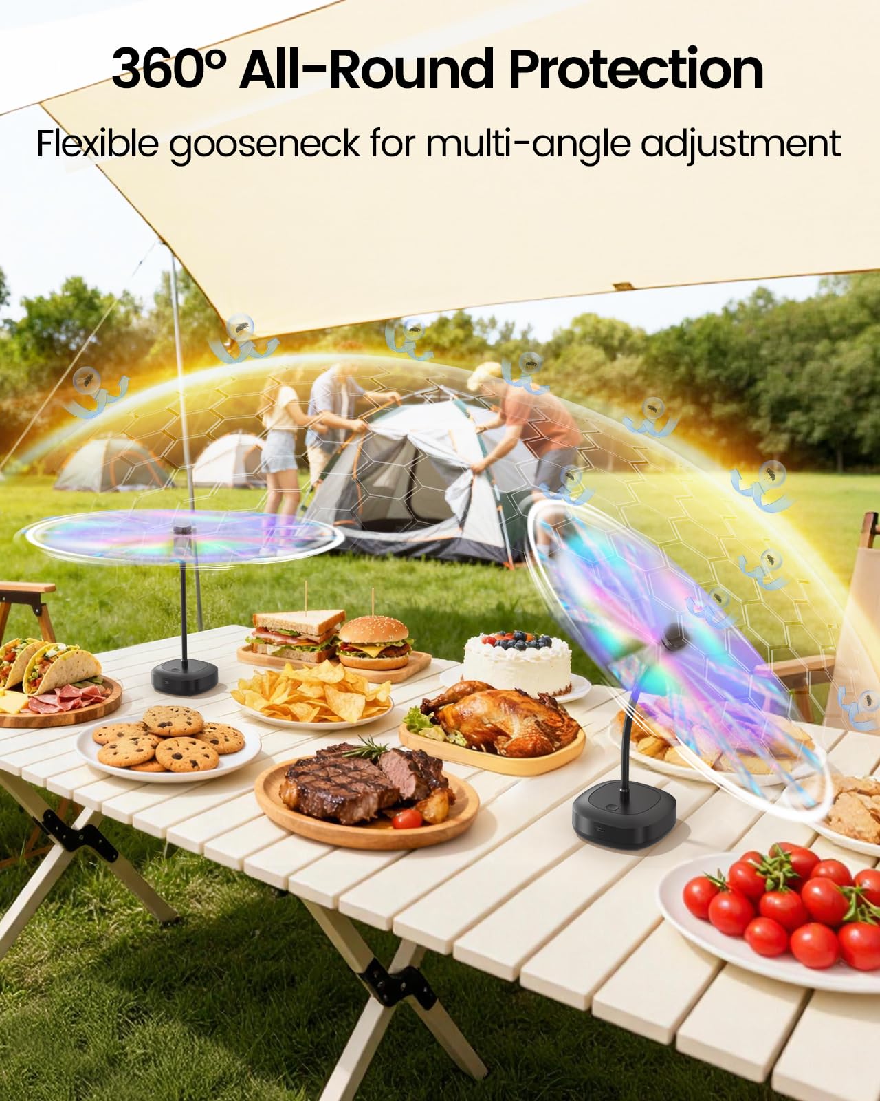 Edvision ventilador en uso sobre mesa de picnic protegiendo alimentos del aire
