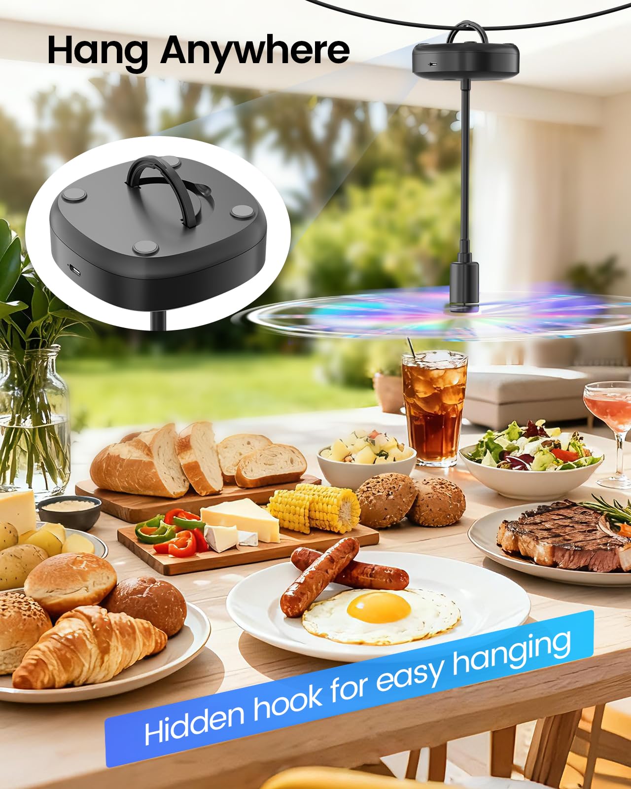 Edvision ventilador plegado junto a objeto para comparar tamaño y transporte fácil