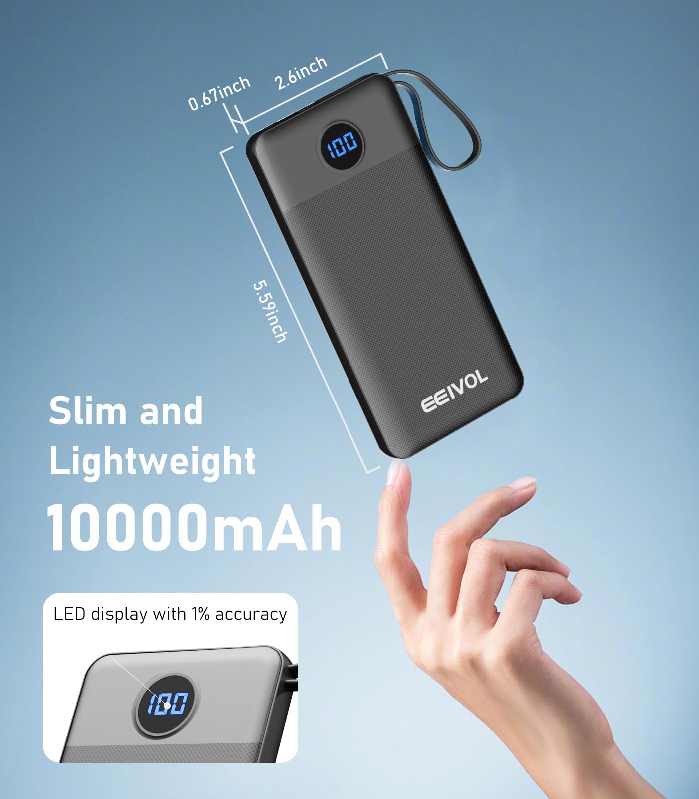 EEIVOL power bank en mano destacando tamaño ligero y fácil transporte