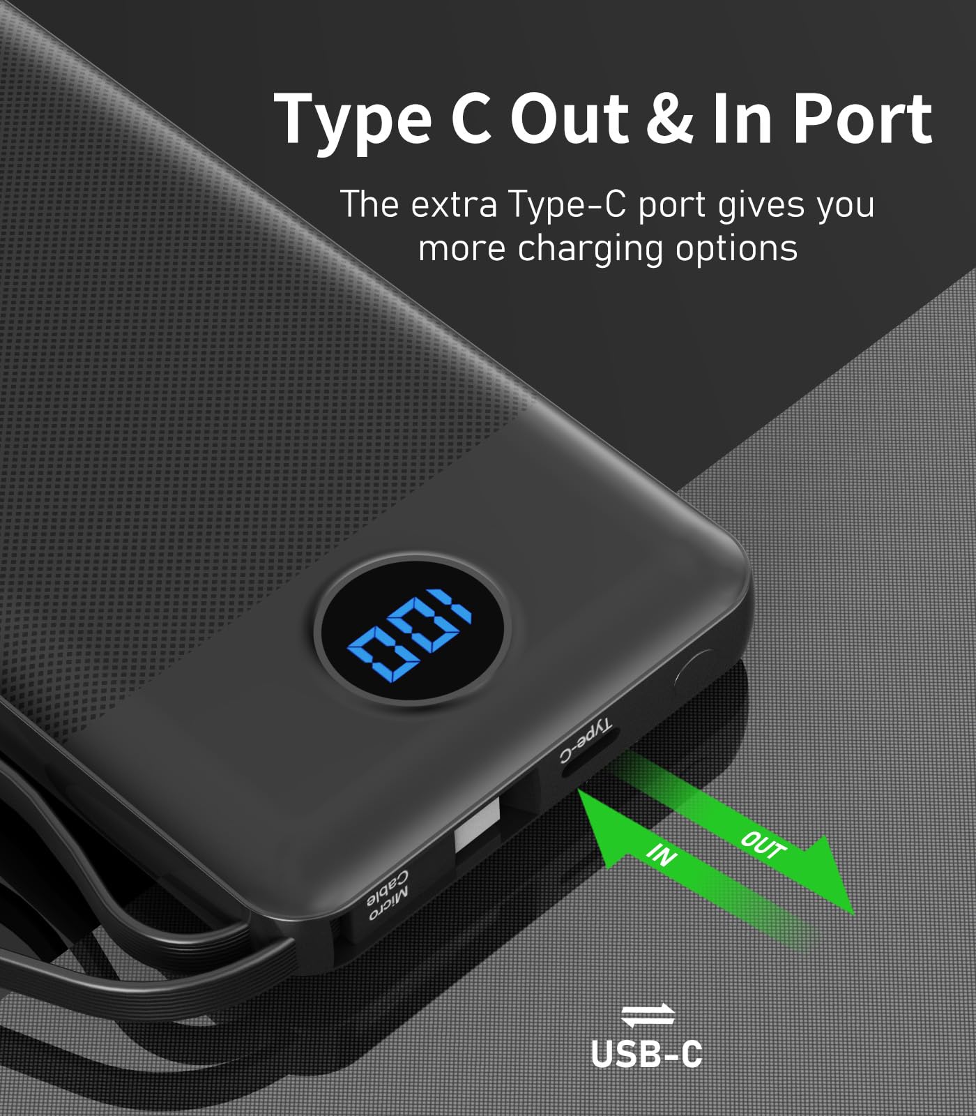 EEIVOL enfoque en puerto USB‑C que permite carga rápida y recarga eficiente