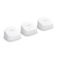 eero 6 frontal del paquete mostrando los tres dispositivos y cobertura rápida