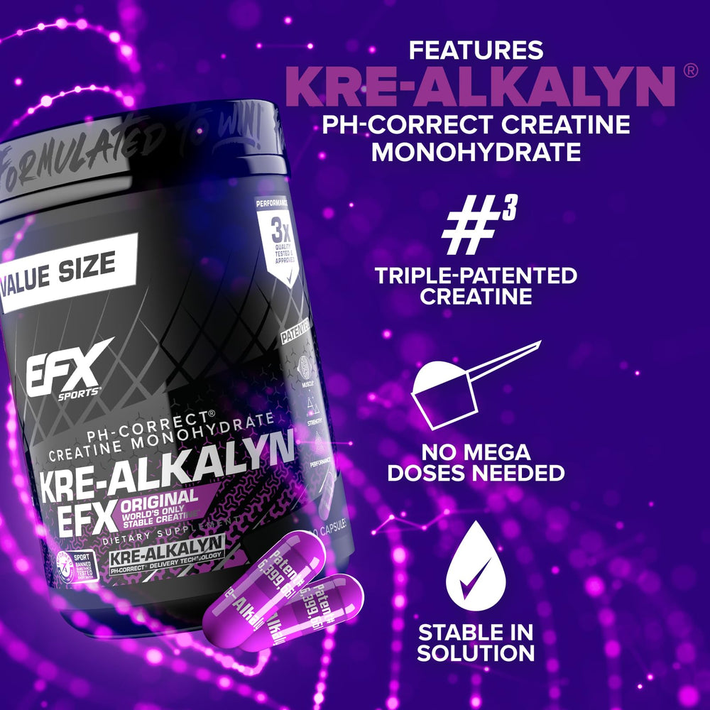 EFX Sports bote y caja que indican 200 servicios de Kre-Alkalyn EFX