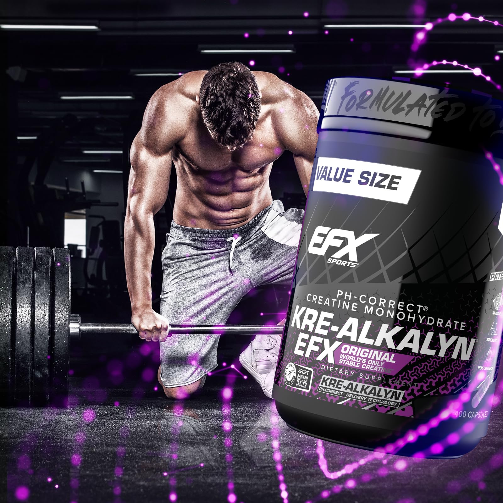 EFX Sports una cápsula de Kre-Alkalyn EFX en la mano para comparar escala