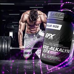 EFX Sports una cápsula de Kre-Alkalyn EFX en la mano para comparar escala