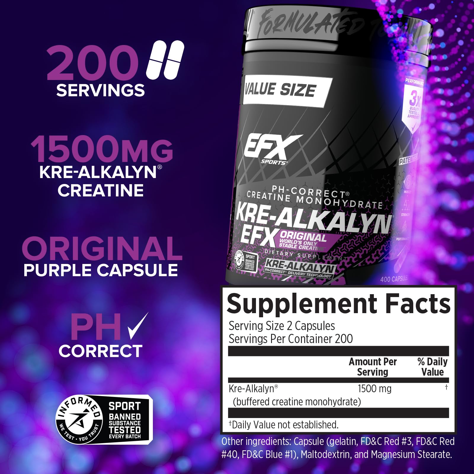 EFX Sports detalle de cápsulas Kre-Alkalyn EFX mostrando textura y tamaño