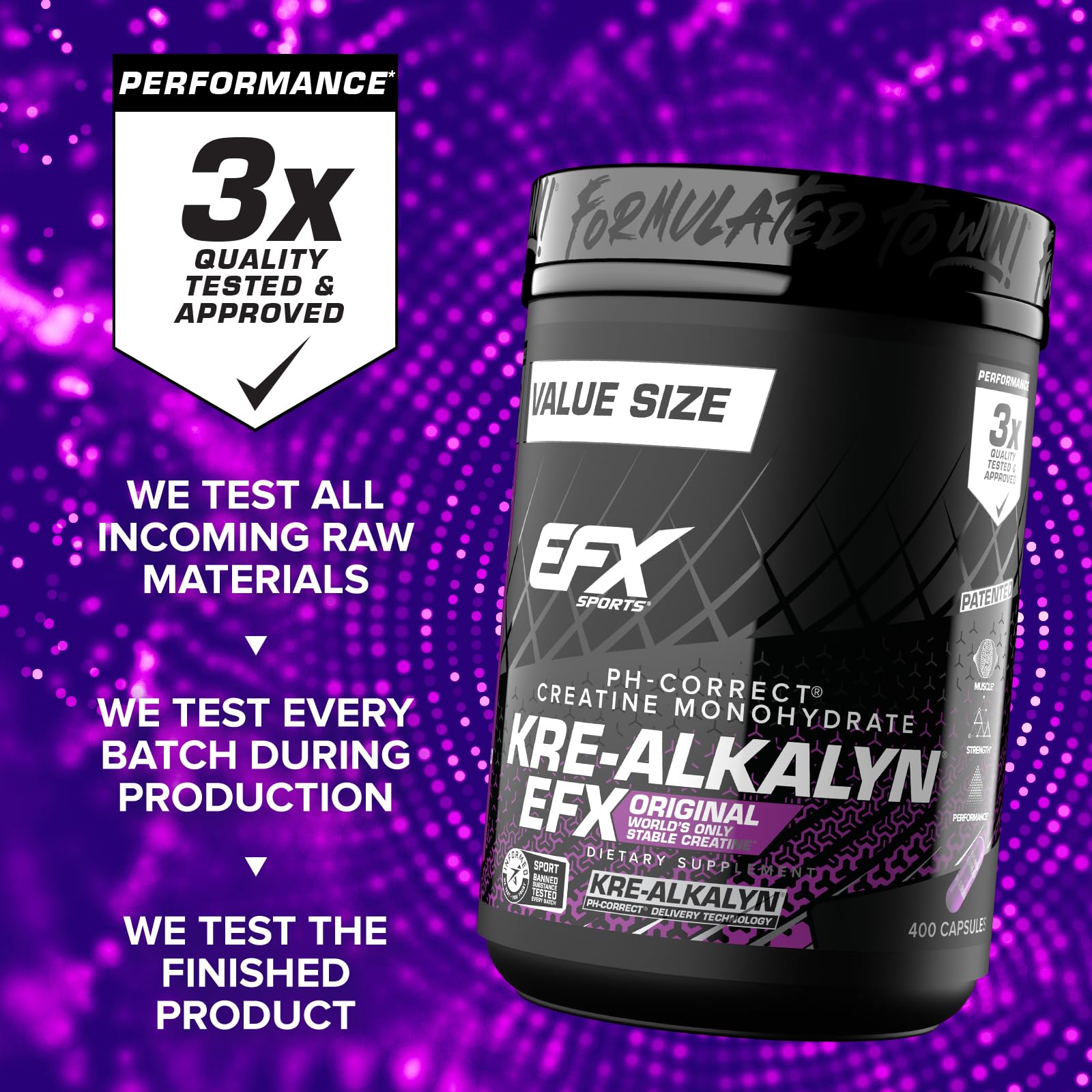 EFX Sports comparación visual entre creatina en polvo y Kre-Alkalyn EFX en cápsulas