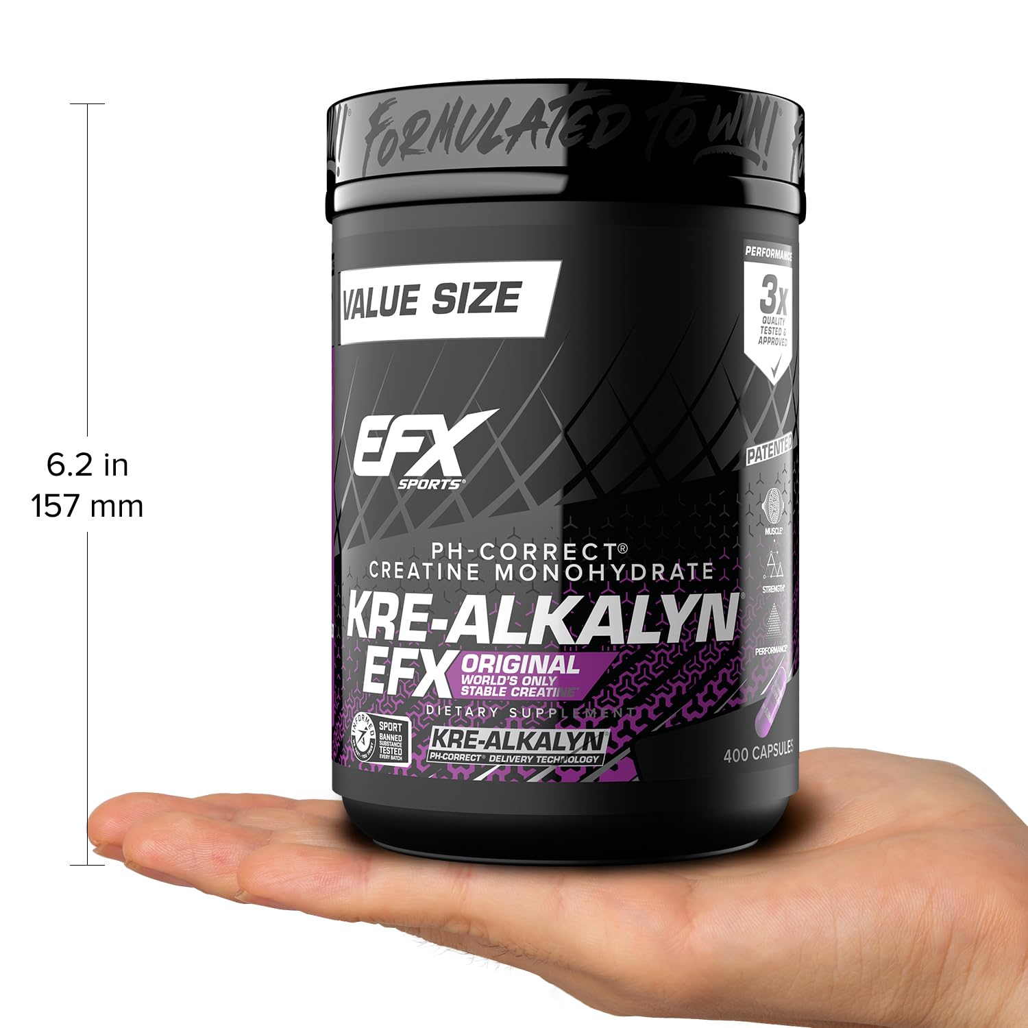 EFX Sports etiqueta que muestra la tecnología pH correcto de Kre-Alkalyn EFX