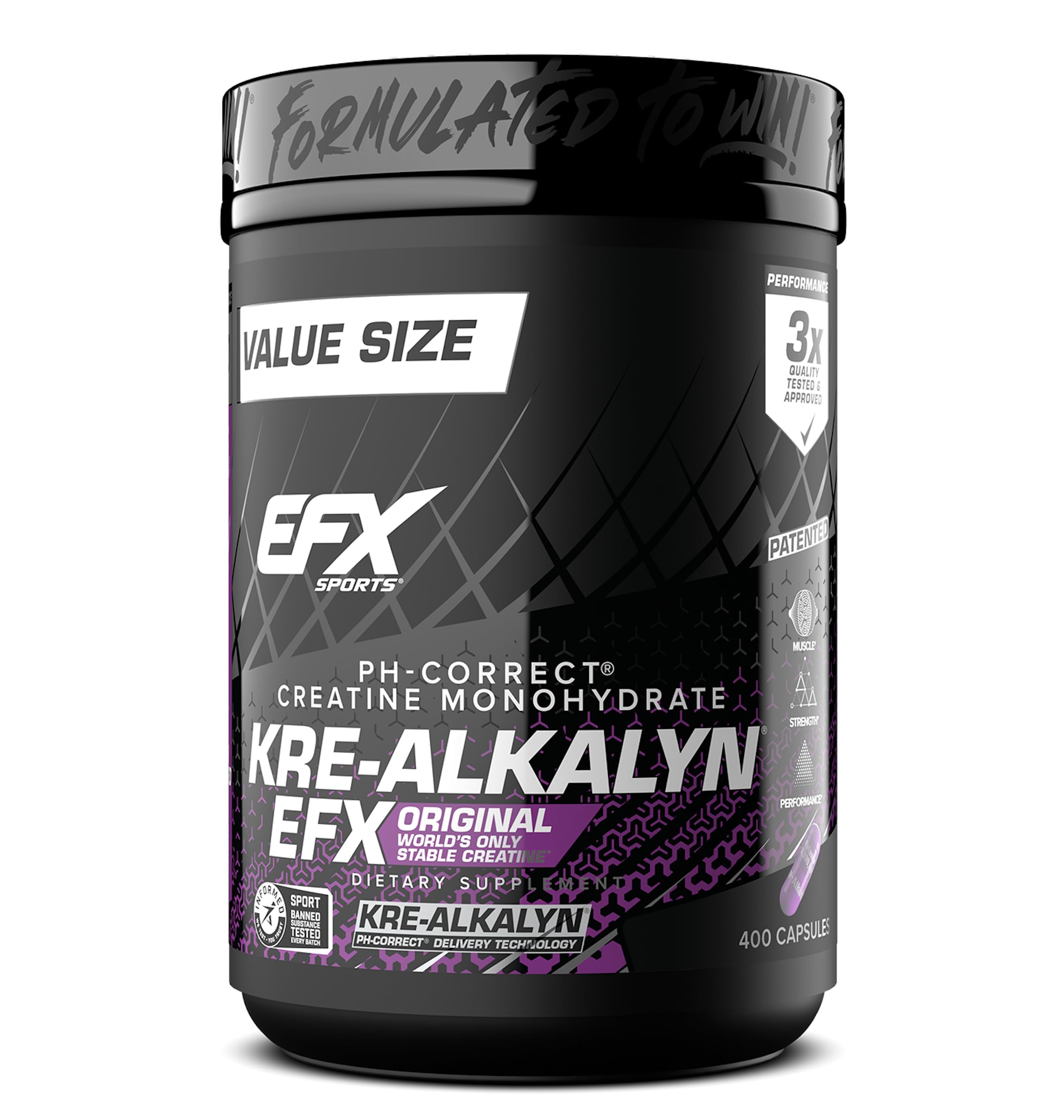 EFX Sports envase frontal de Kre-Alkalyn EFX, presentación clara y práctica