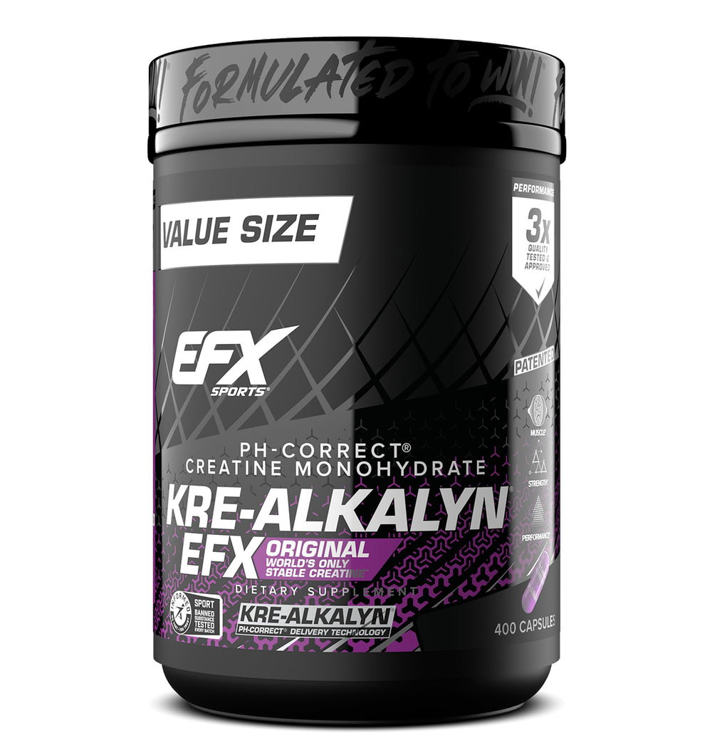 EFX Sports envase frontal de Kre-Alkalyn EFX, presentación clara y práctica