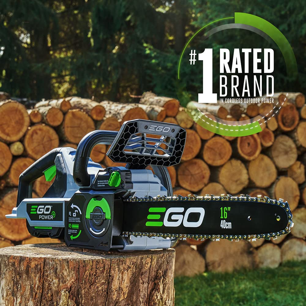 EGO Power+ side profile with 16-inch bar showing cutting reach and balanced form