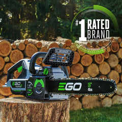 EGO Power+ side profile with 16-inch bar showing cutting reach and balanced form