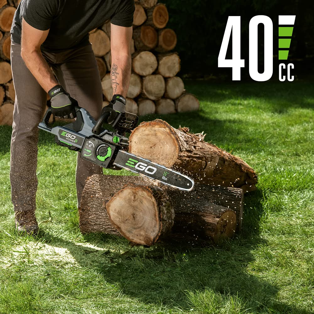 EGO Power+ tool-free tension dials close-up showing quick bar and chain adjustment