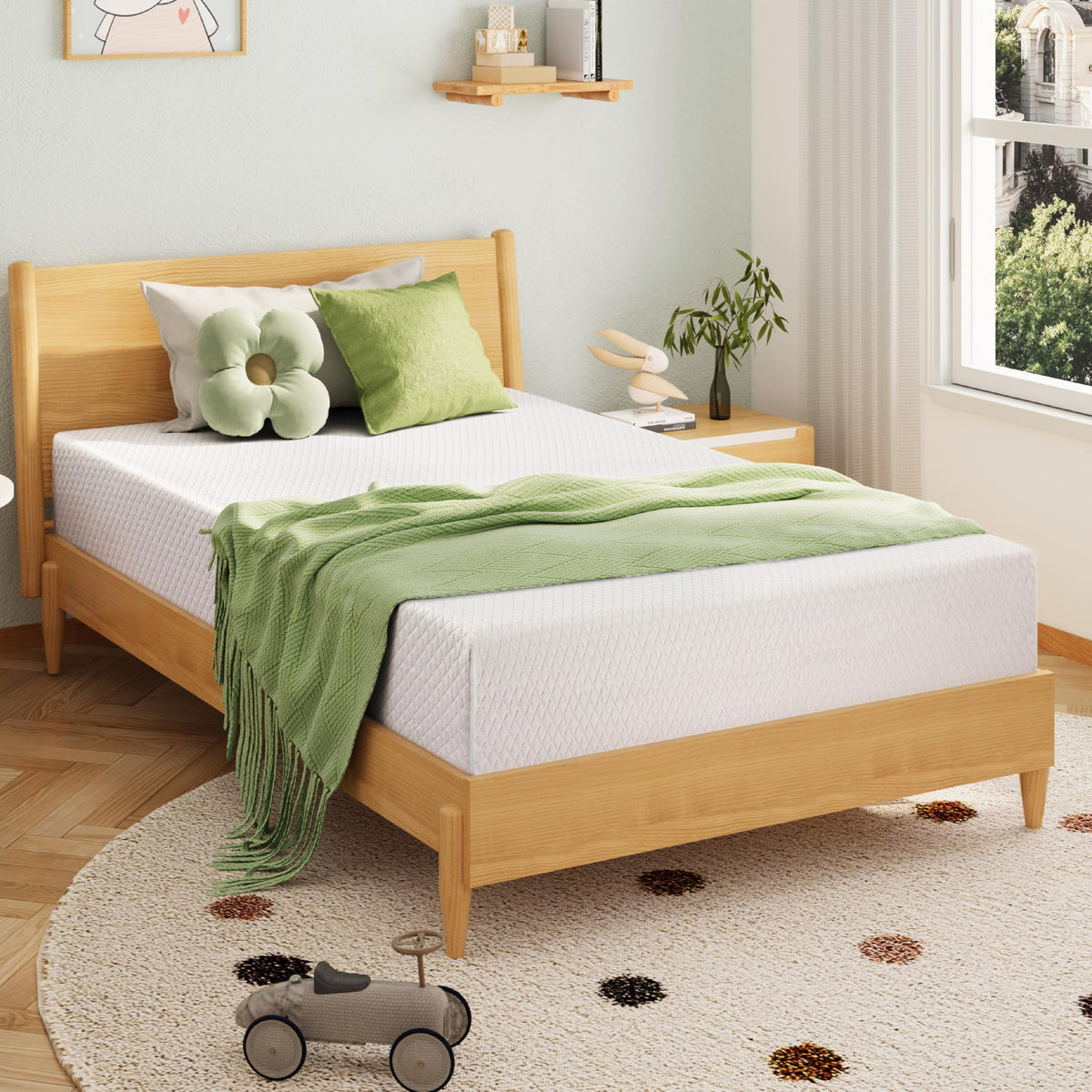 EGOHOME colchón twin frontal mostrando cubierta blanca y proporción exacta