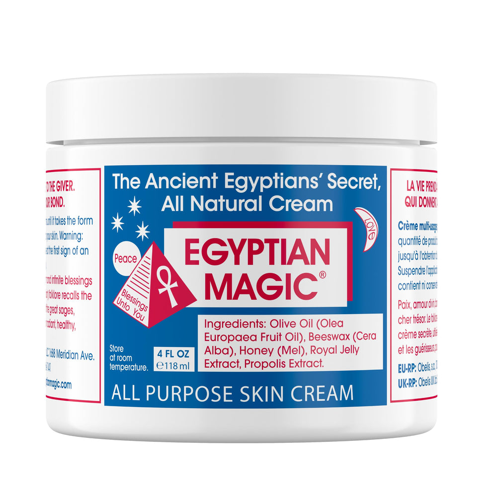 Egyptian Magic frasco delantero mostrando envase y uso diario