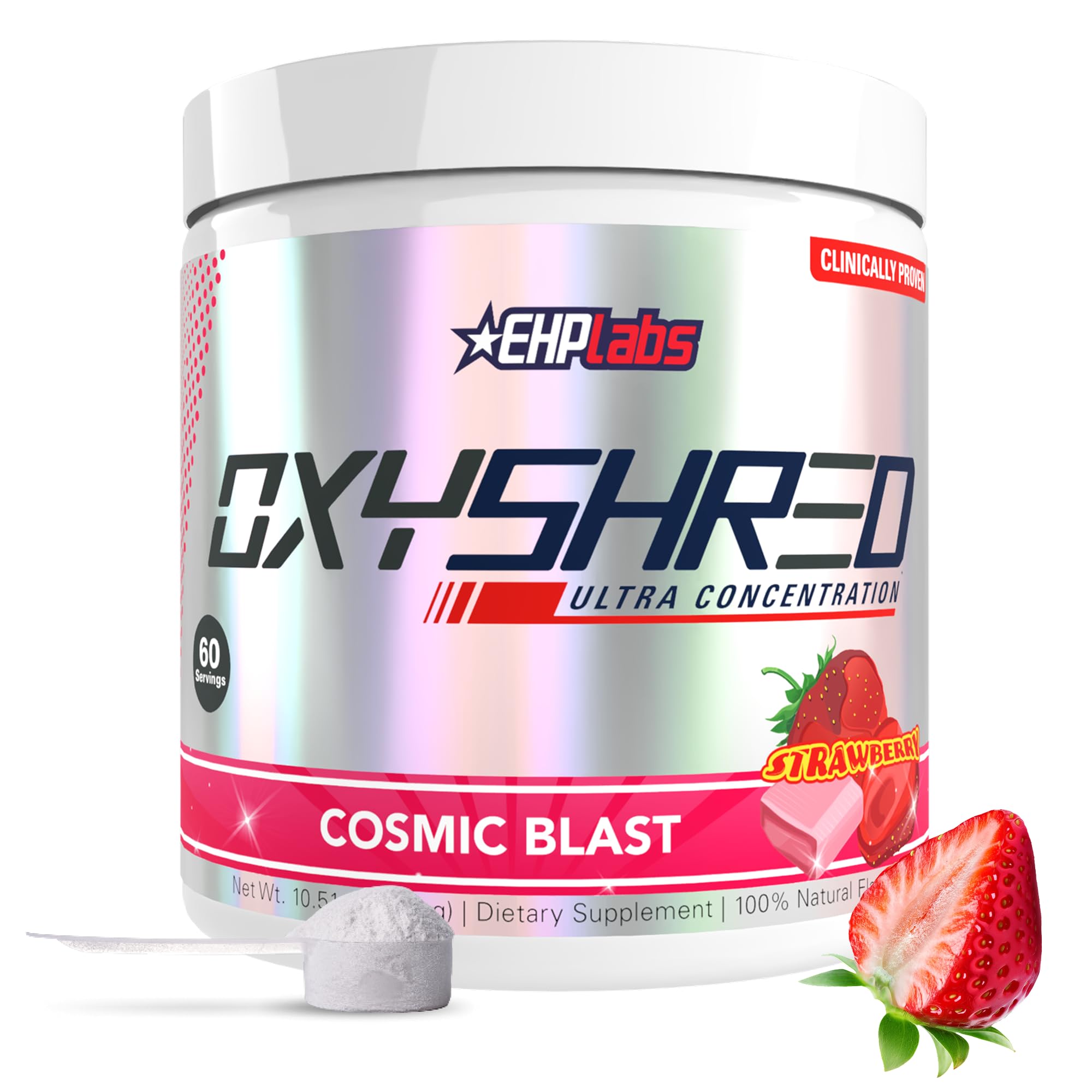 EHP Labs frasco frontal OxyShred Cosmic Blast mostrando diseño y beneficios