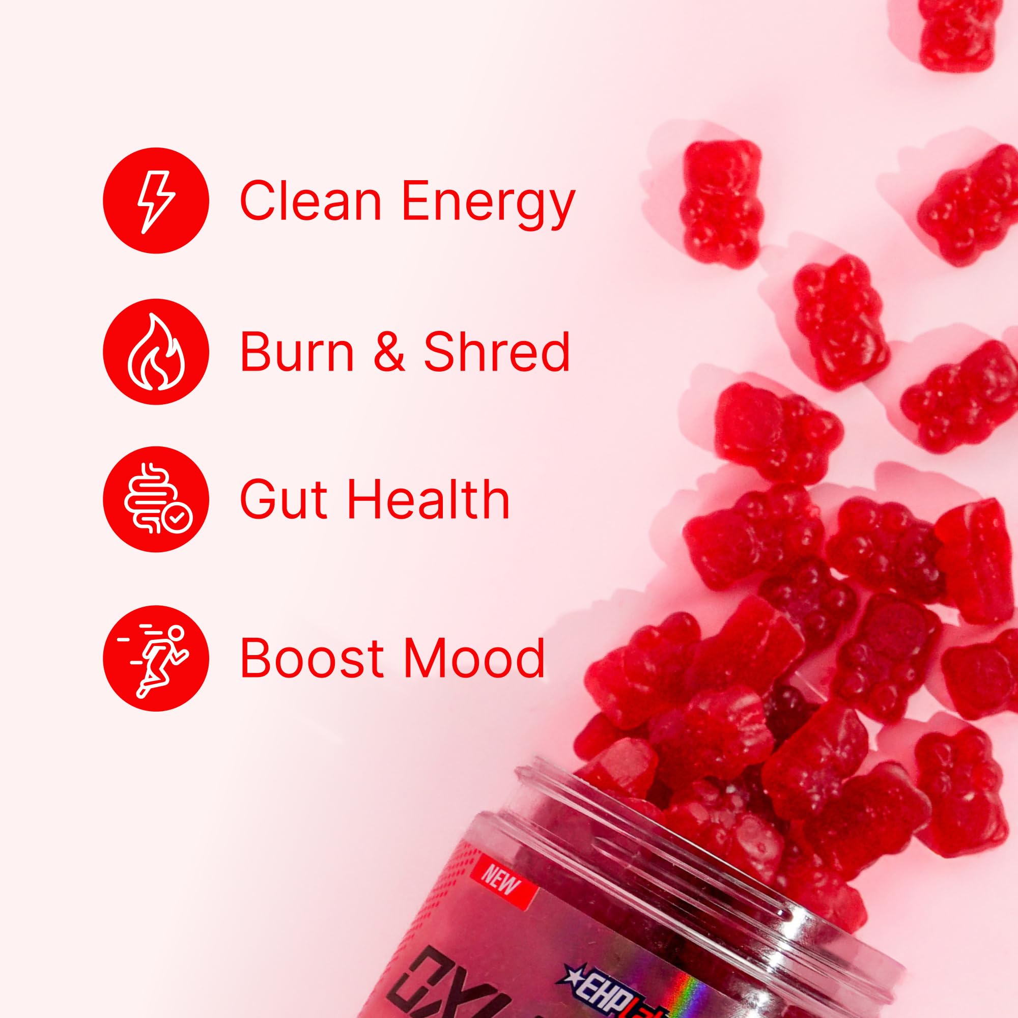 EHP Labs OxyShred gomitas junto a regla para comparar tamaño real