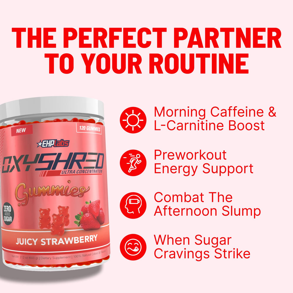 EHP Labs OxyShred gomitas antes de entrenamiento ofreciendo energía sostenida
